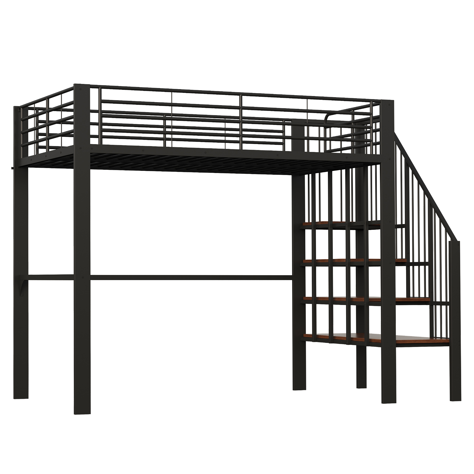 Lit mezzanine 140x200 en métal et bois avec rangement et escalier, noir