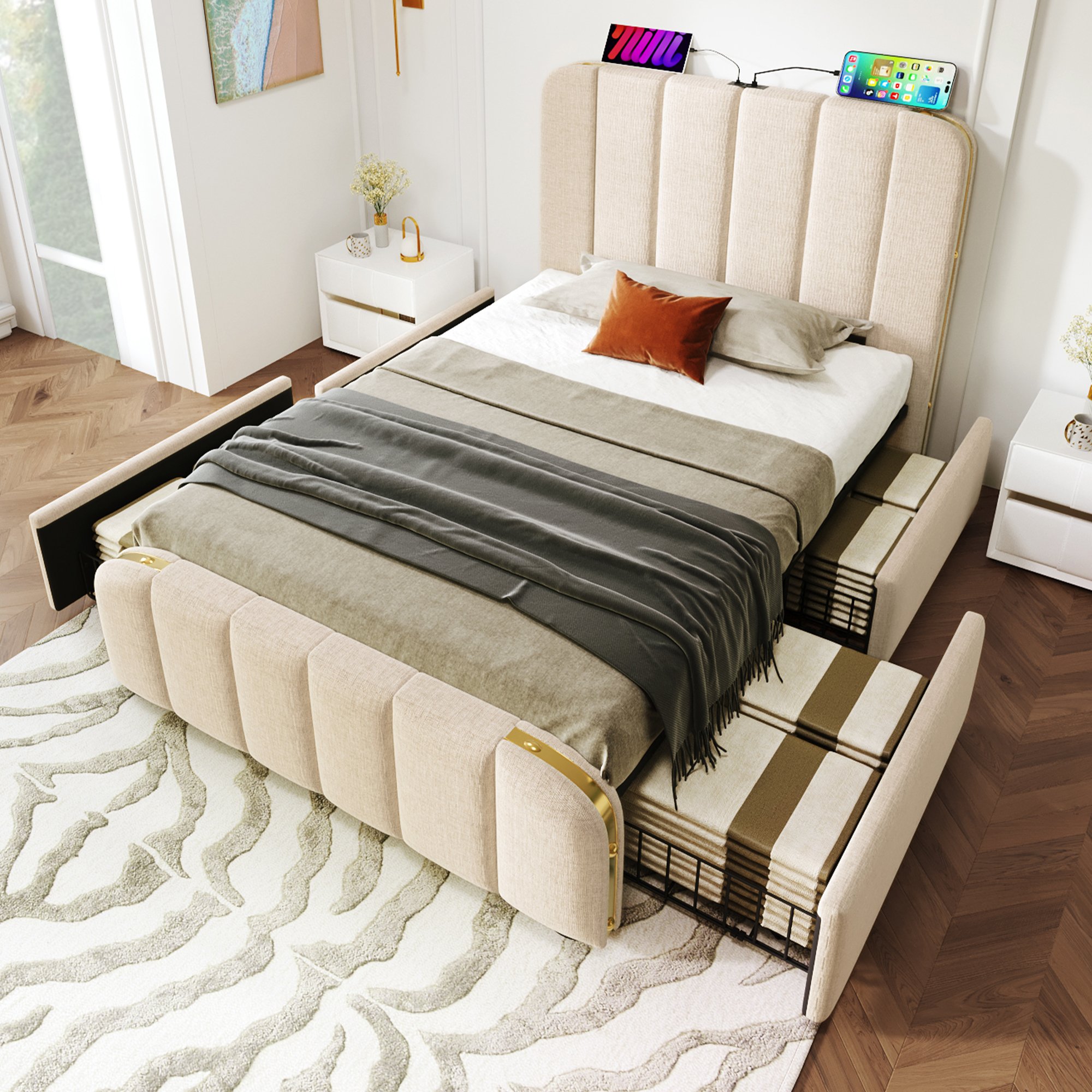 lit coffre 90x200 beige en tissu lin avec 4 tiroirs, sommier à lattes, ports USB Type-C et tête de lit rembourrée