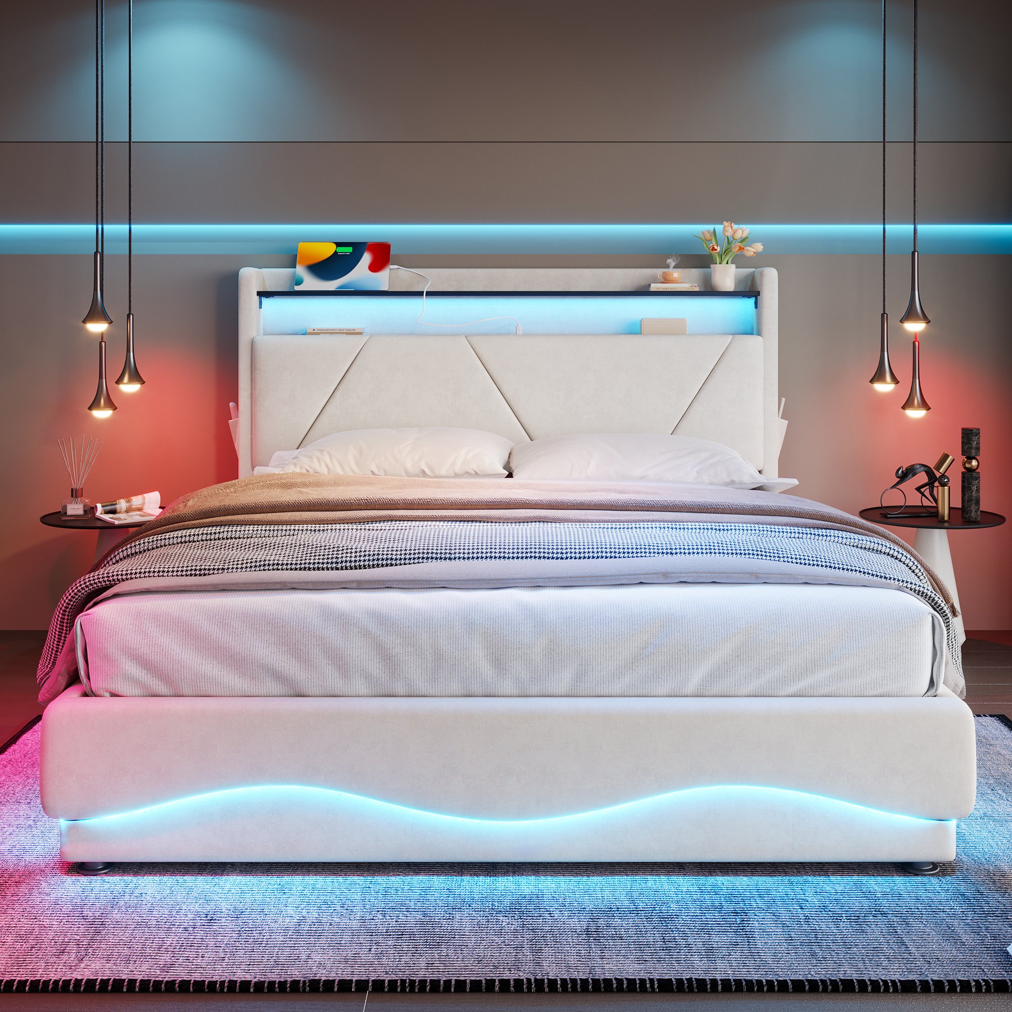 Lit coffre 140x200 en velours beige, tête de lit rembourrée avec LED et rangements