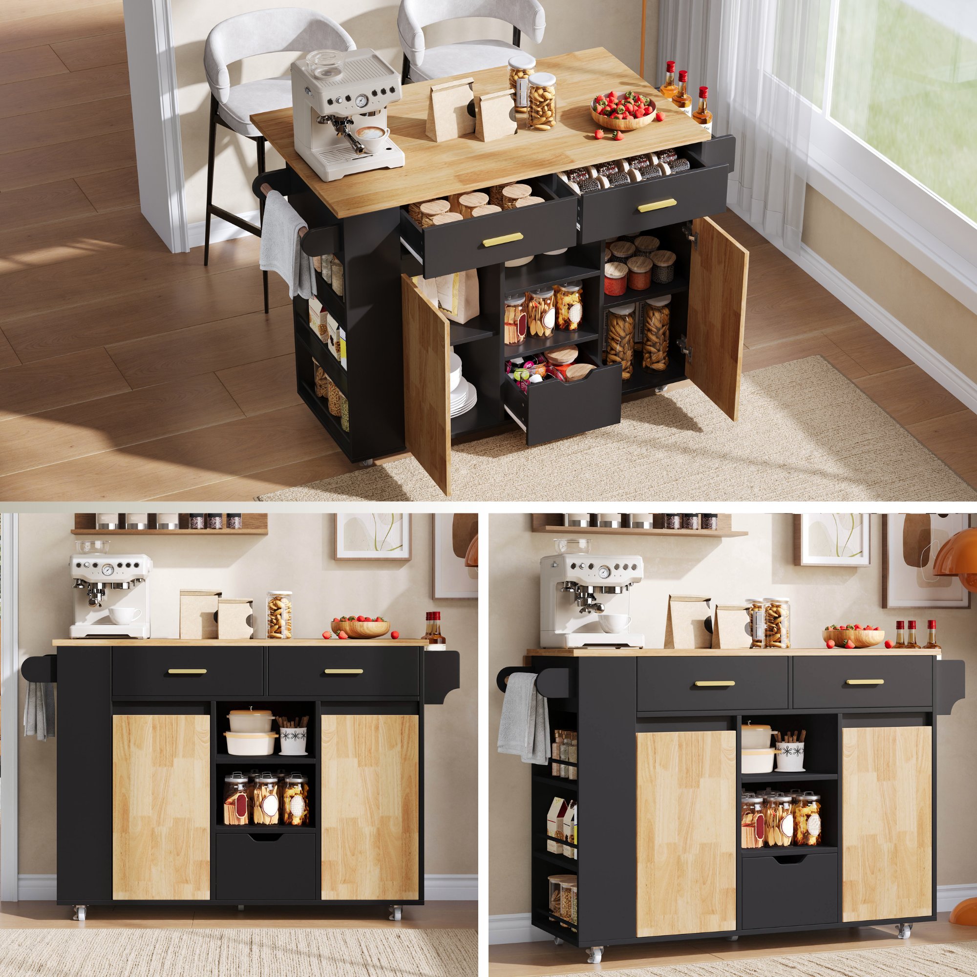 Îlot de cuisine avec rangement, plan de travail rabattable, 3 tiroirs, étagère à épices, roulettes freinables, Panneau composite de fibres de bois à densité noir et bois naturel, 120x45(71)x90 cm