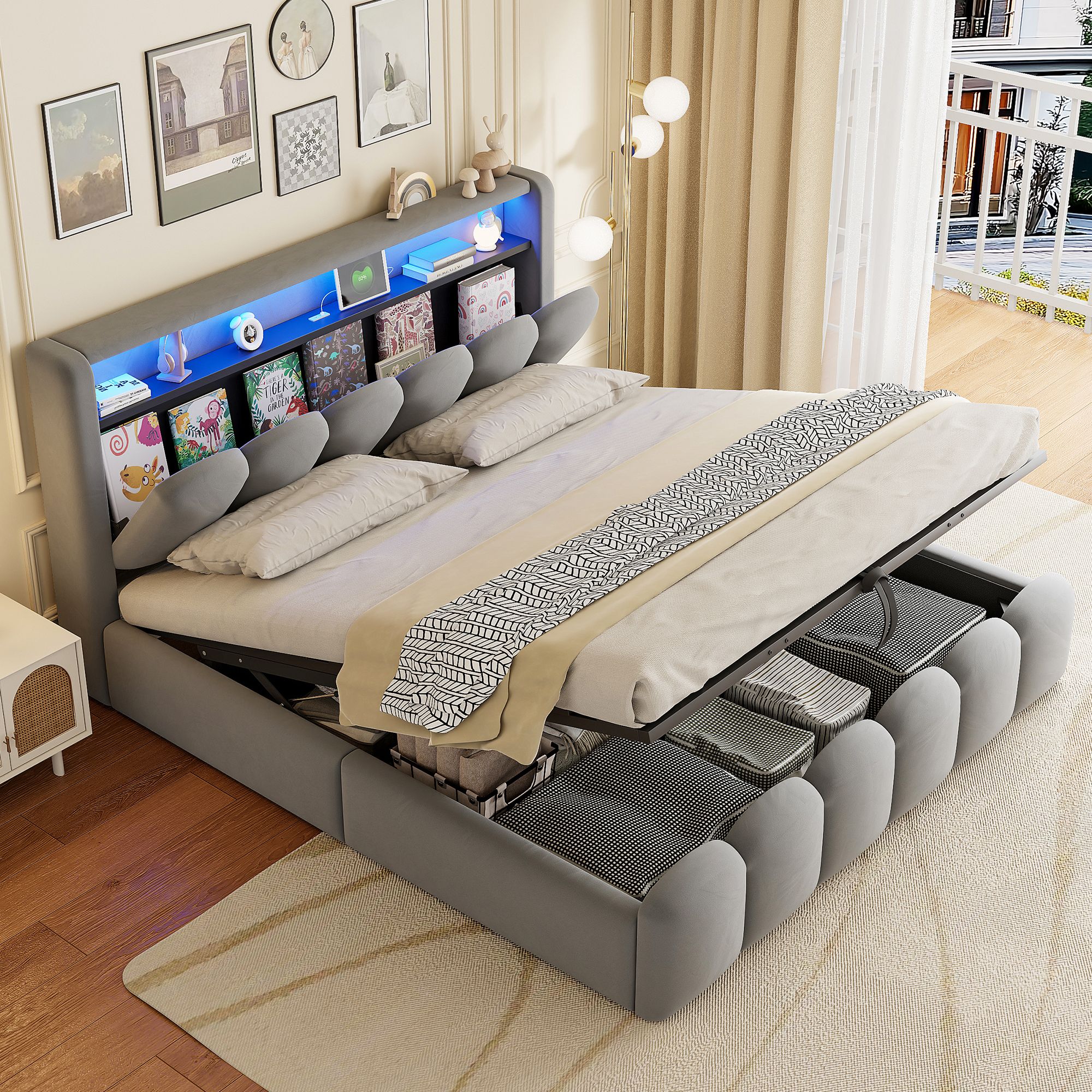 Lit coffre 180x200 en velours avec sommier à lattes, structure métallique et Panneau composite de fibres de bois à densité, rangement hydraulique