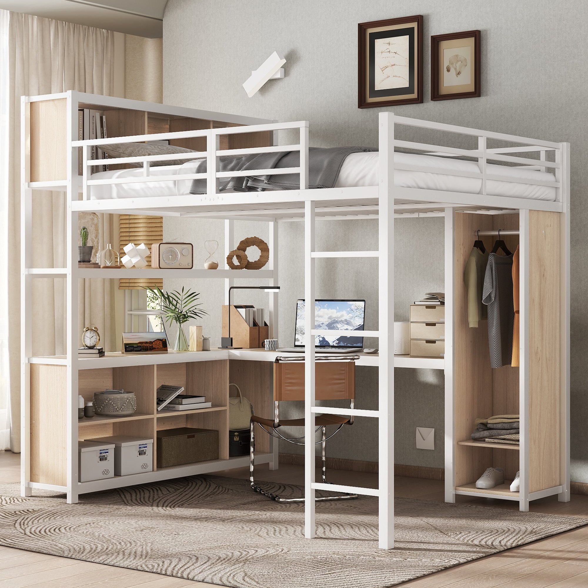 Lit mezzanine 140x200 avec bureau intégré et rangements, blanc et bois, échelle et armoire