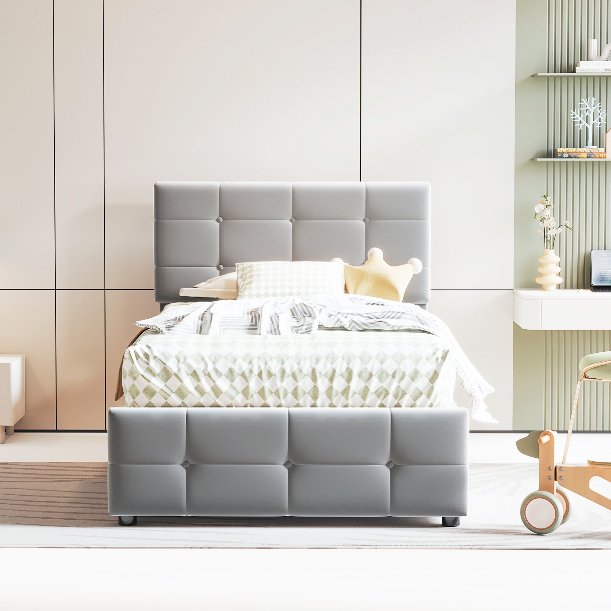 Lit coffre 90x200 en velours gris, structure Panneau composite de fibres de bois à densité et métal, avec sommier à lattes
