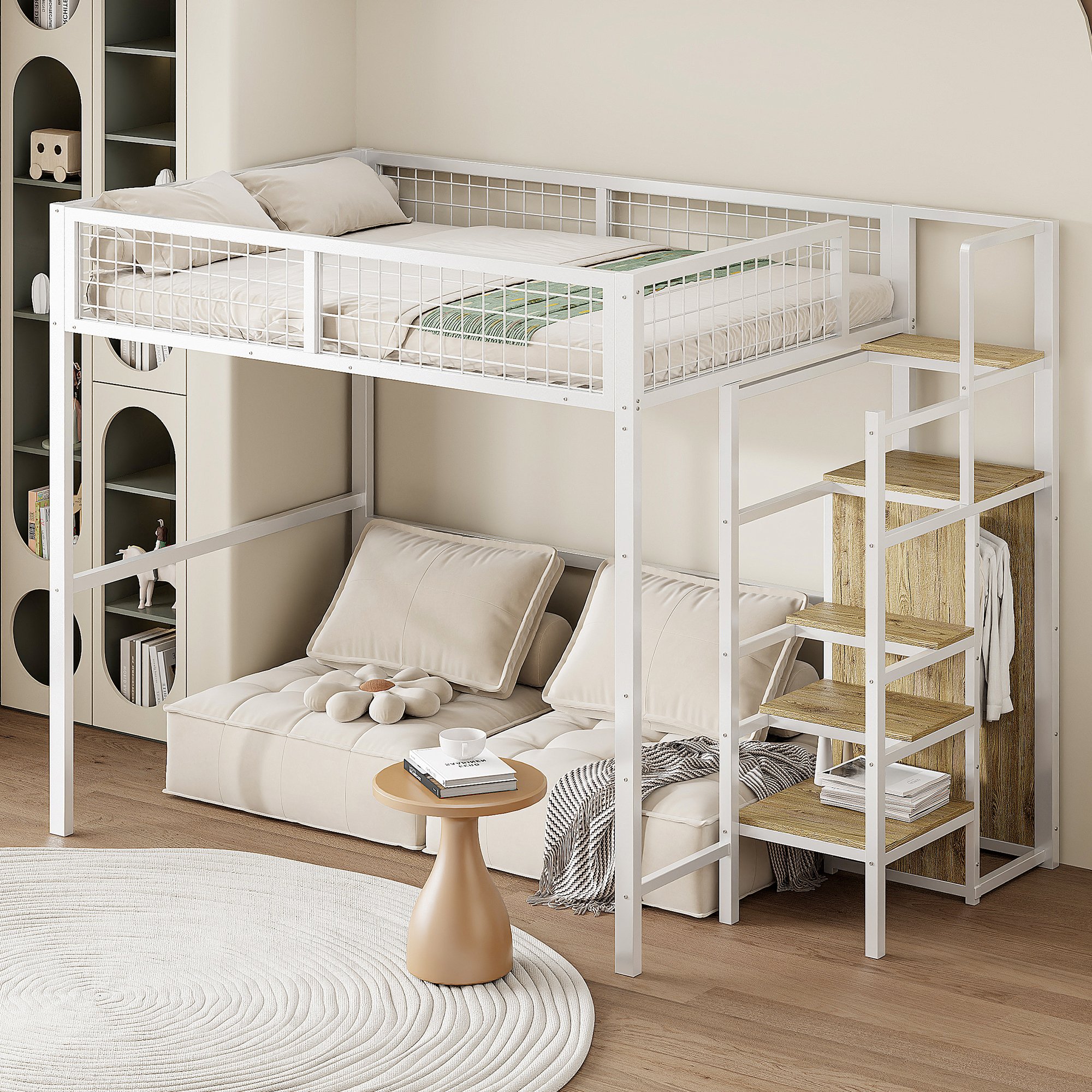 Lit mezzanine avec rangement et échelle de sécurité, lit enfant 140x200 avec armoire intégrée
