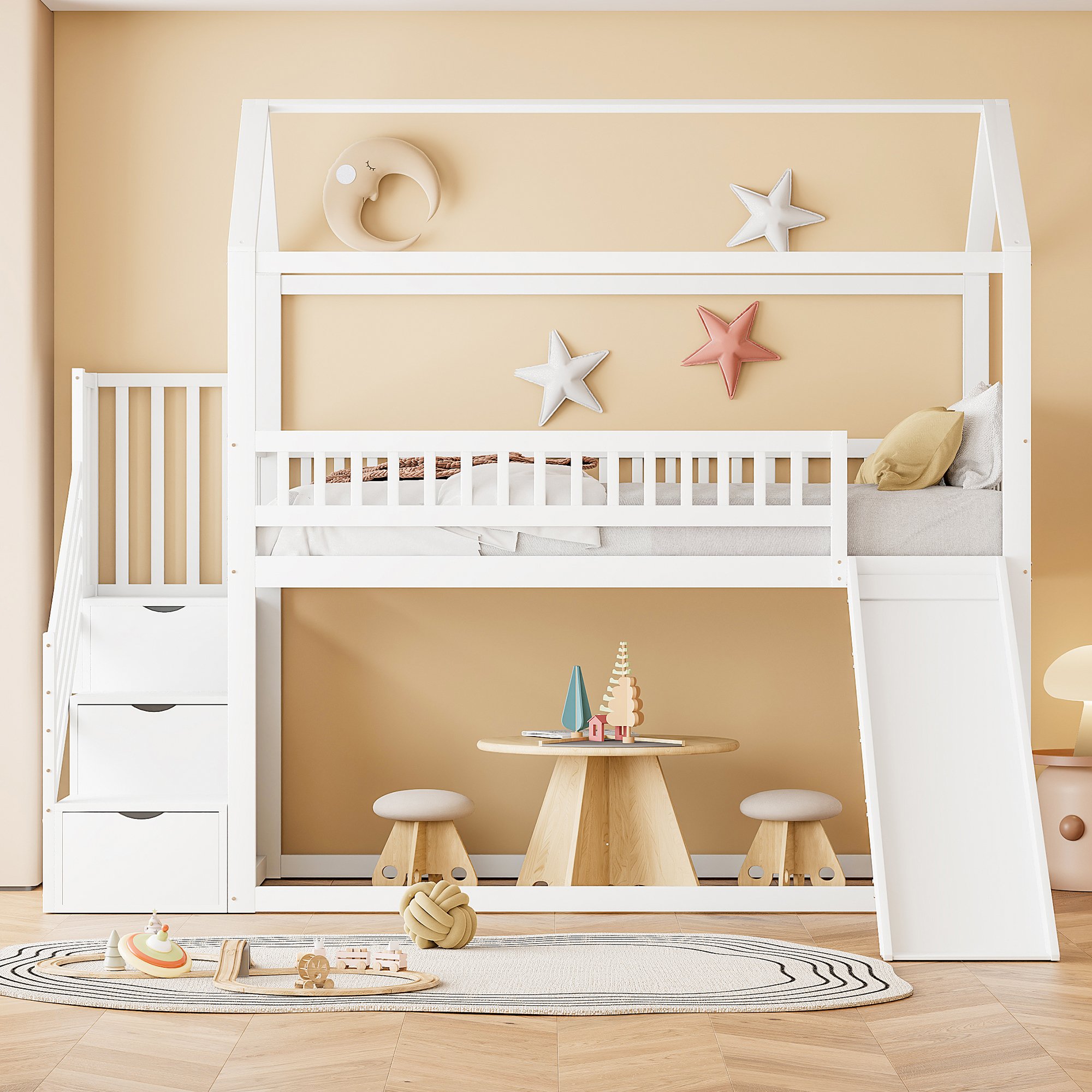 Lit mezzanine enfant 90x200 blanc avec toboggan, échelle de rangement et barrière de sécurité en bois massif