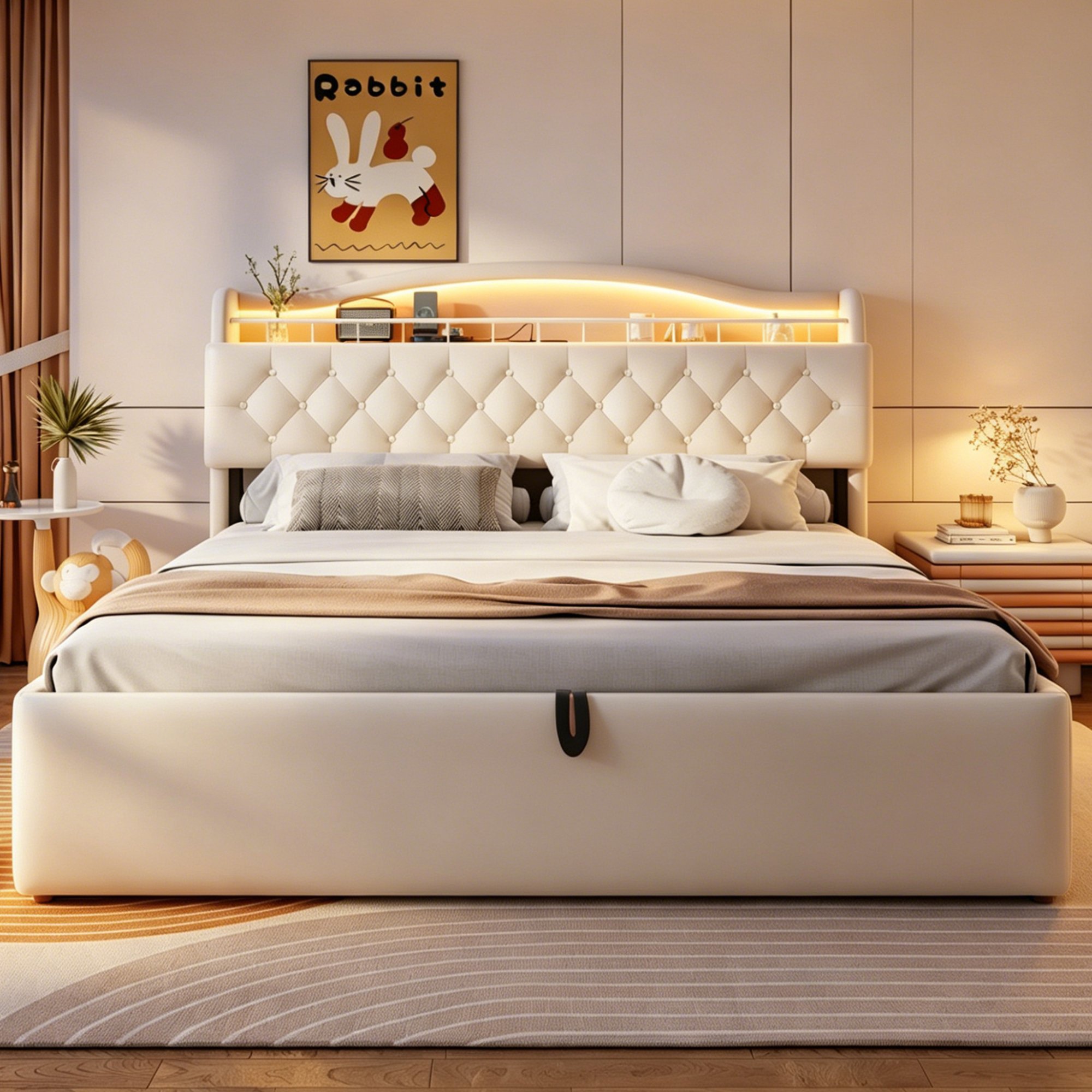 Lit coffre 180x200 en velours beige, structure métallique, sommier à lattes, tête de lit avec rangement