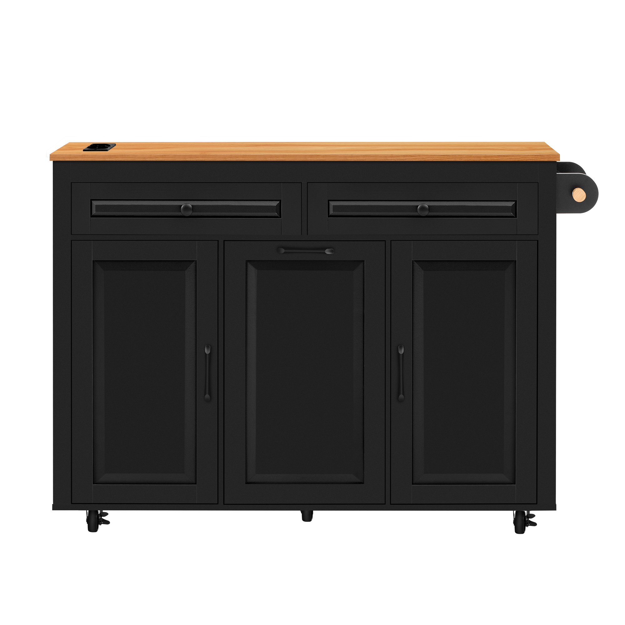 Îlot de cuisine 120x40x92 cm noir, plan extensible jusqu'à 75 cm, avec prises, USB et rangements, sur roulettes