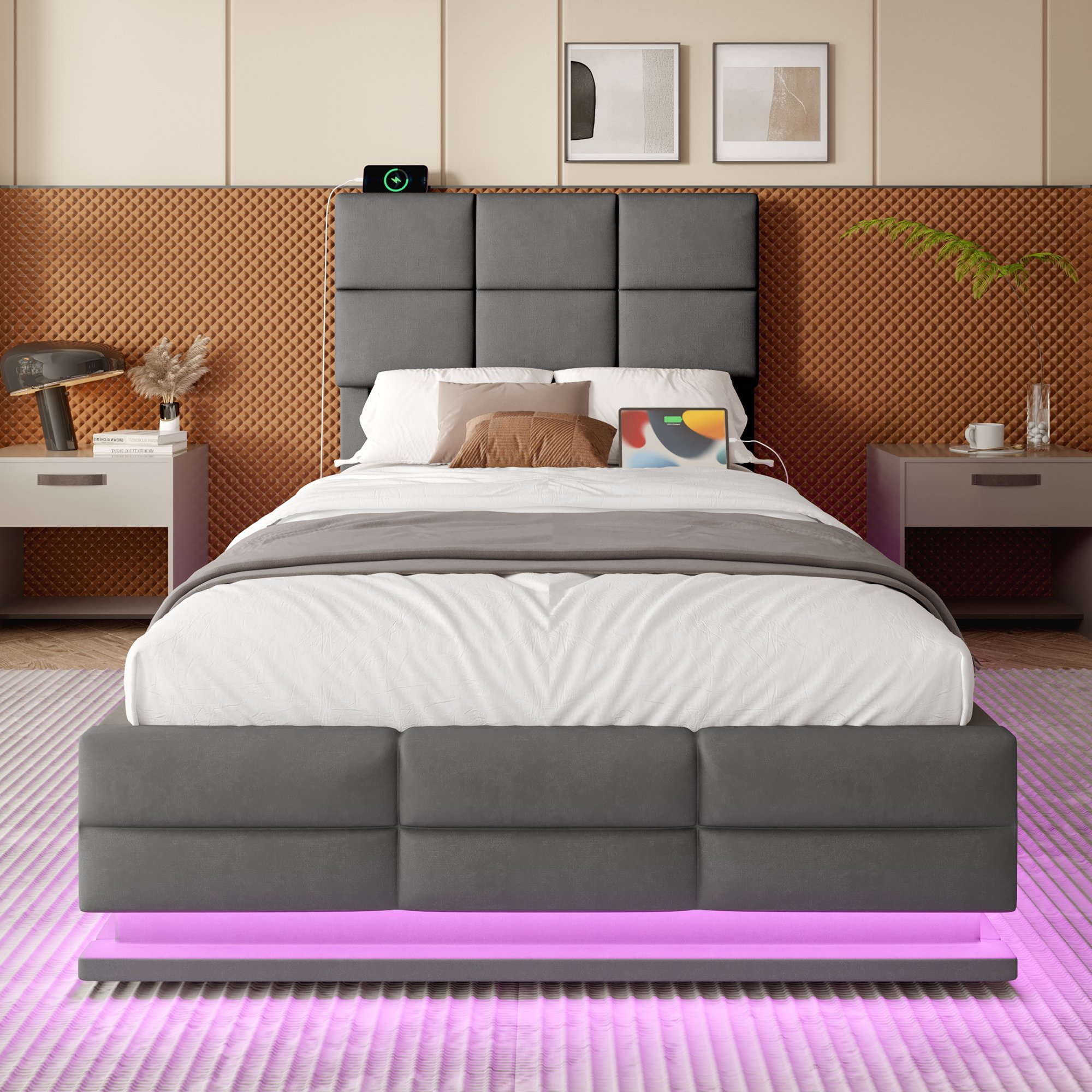 Lit coffre 90x200 en velours gris avec tête réglable, LED, USB et rangement hydraulique