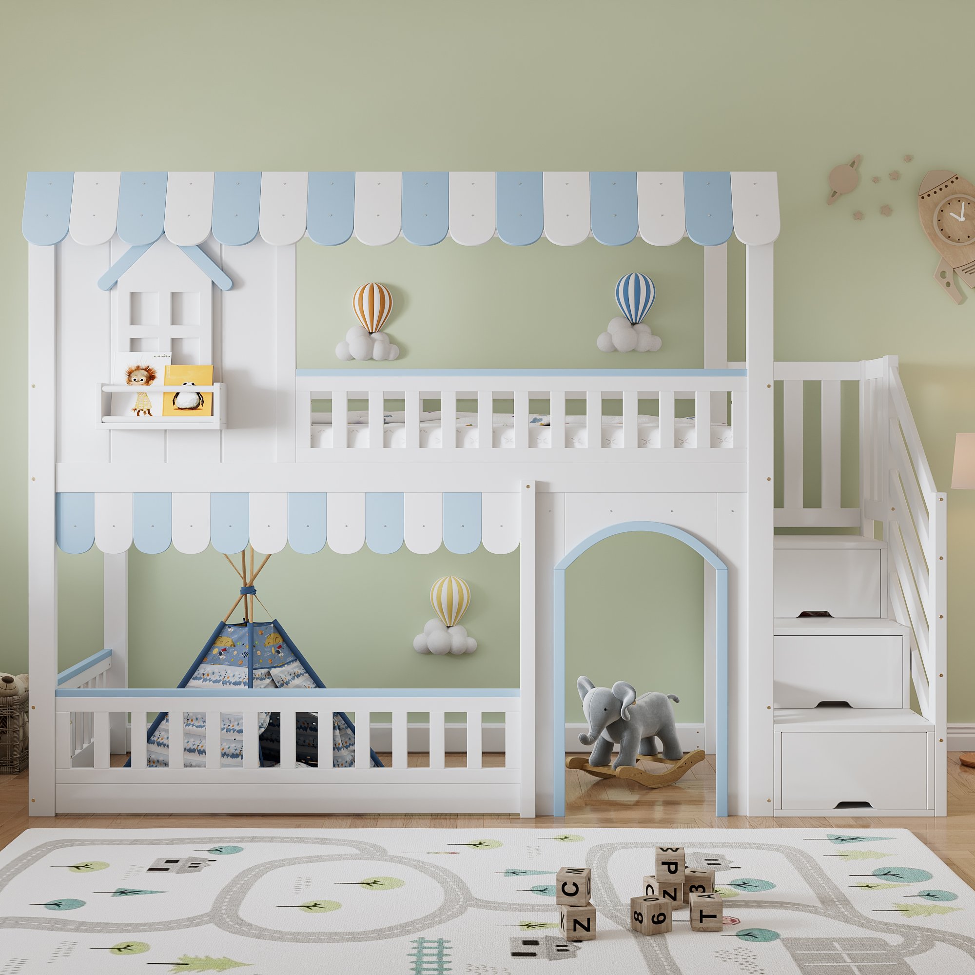 Lit superposé 90x200 blanc et bleu avec rangement et échelle