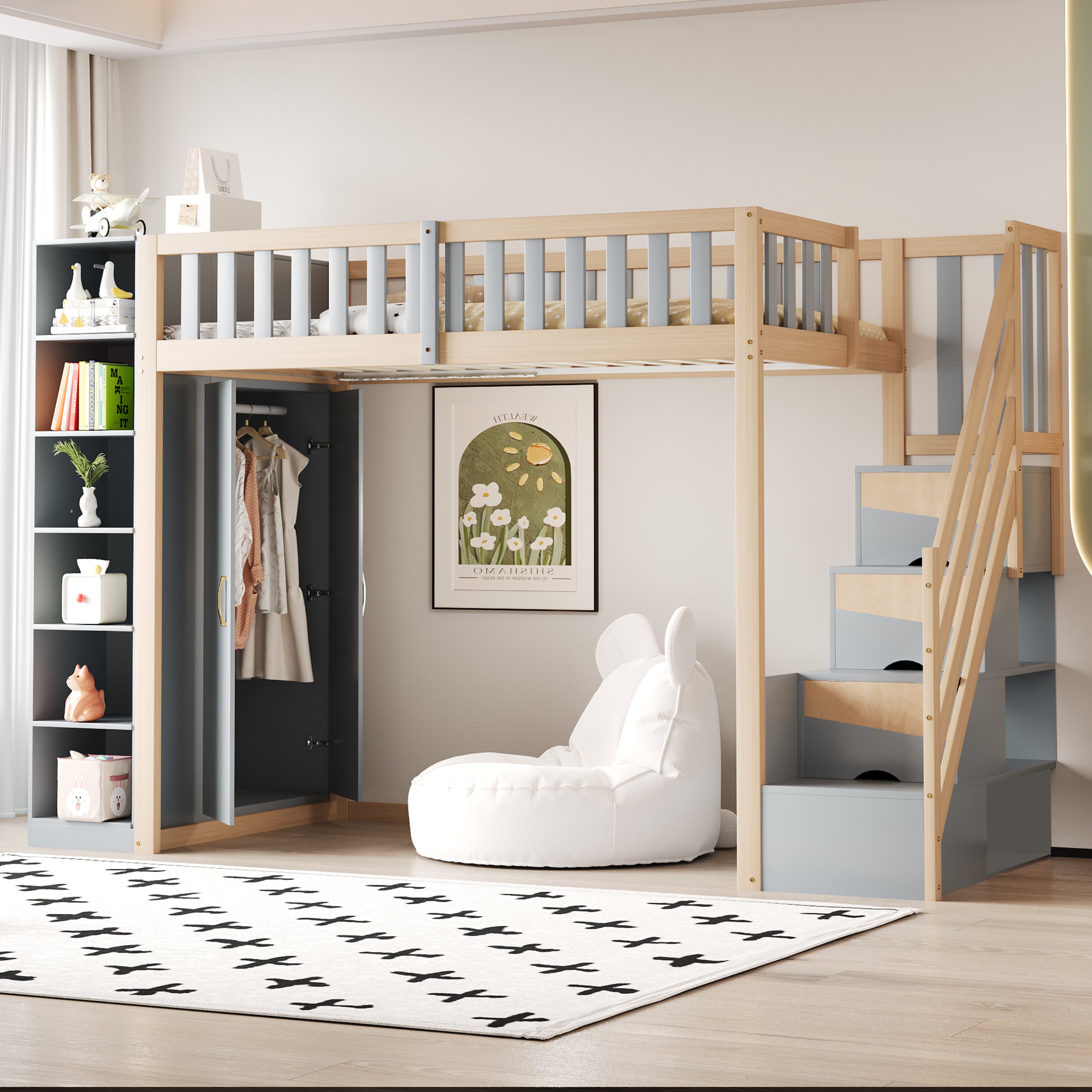 Lit mezzanine 90x200 cm avec placard intégré, étagères et échelle de rangement, pour enfant et adolescent