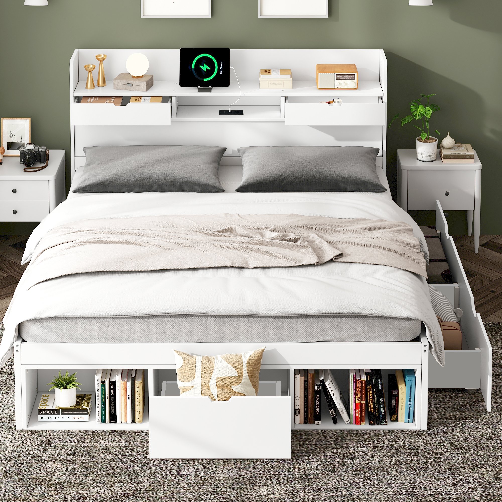 Lit coffre double 160x200 blanc avec tiroirs et port USB Type-C, grande capacité de rangement, montage facile, sans matelas
