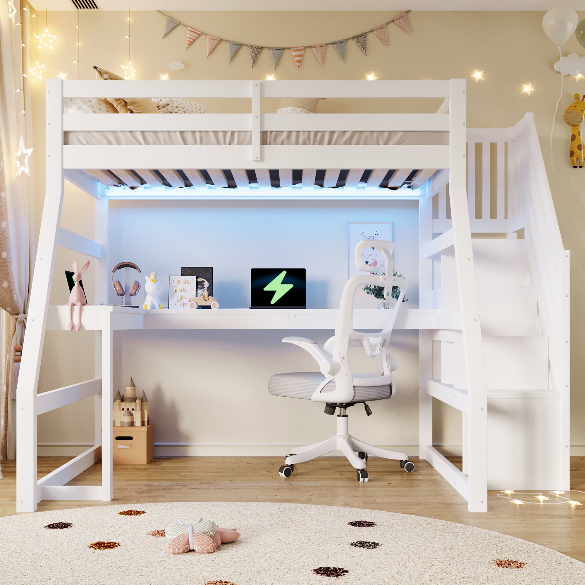 Lit mezzanine avec bureau intégré, LED et rangement dans l'escalier, couchage 90x200