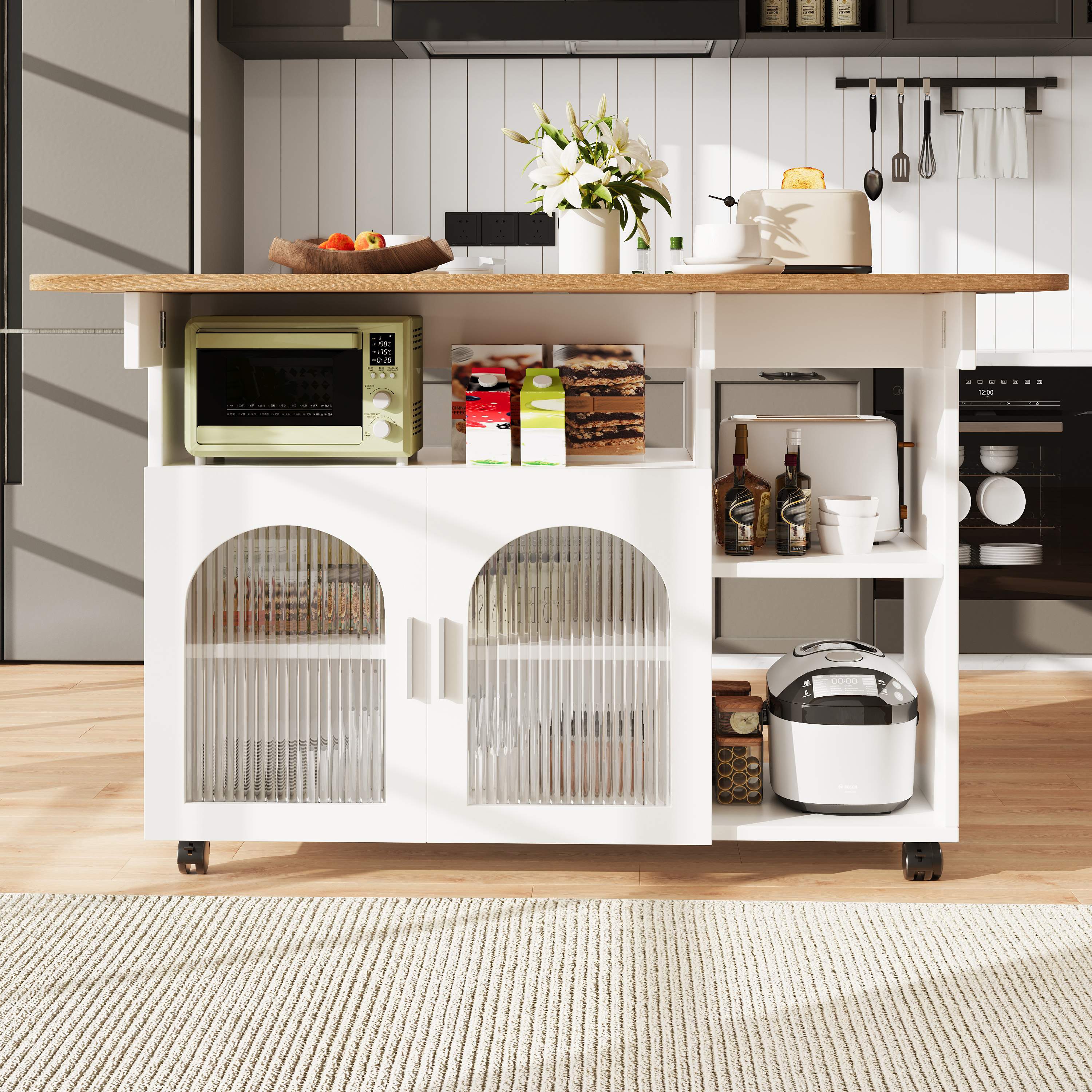 Îlot de cuisine sur roulettes avec rangement, table pliante et étagères, blanc, 120 cm, Panneau composite de fibres de bois à densité et verre, plan de travail extensible