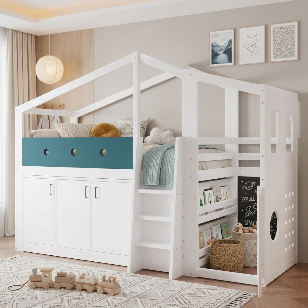 Lit mezzanine enfant 90x200 en bois massif blanc avec rangement et coin jeu