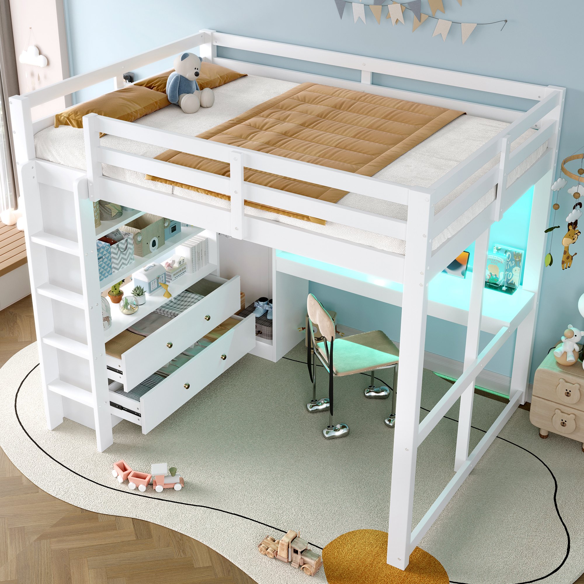 Lit mezzanine 140x200 blanc en pin et Panneau composite de fibres de bois à densité avec bureau intégré, tiroirs et LED