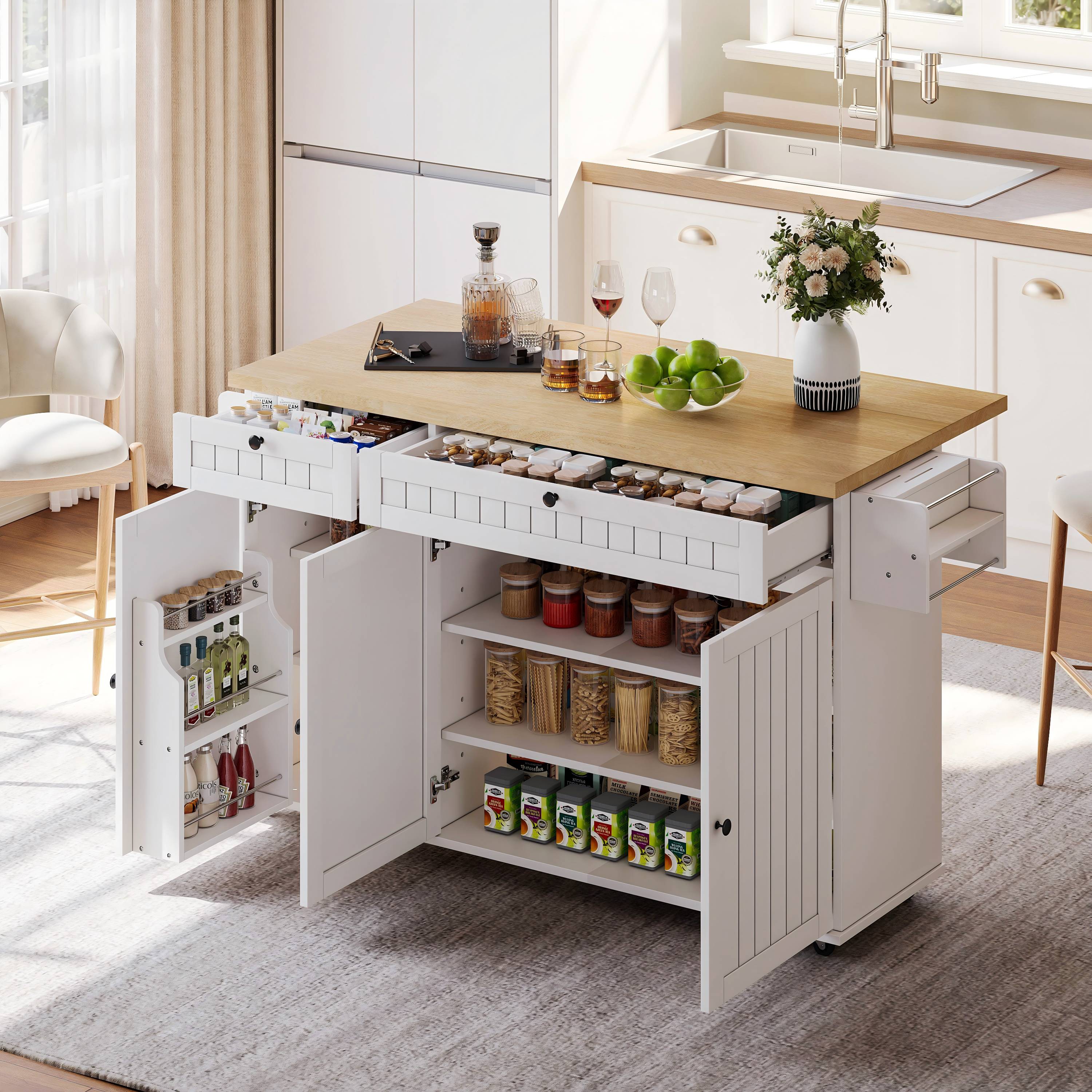 Îlot de cuisine avec plan de travail extensible, rangement intégré, 6 roulettes freinables, 2 tiroirs et armoire, blanc, 137 cm