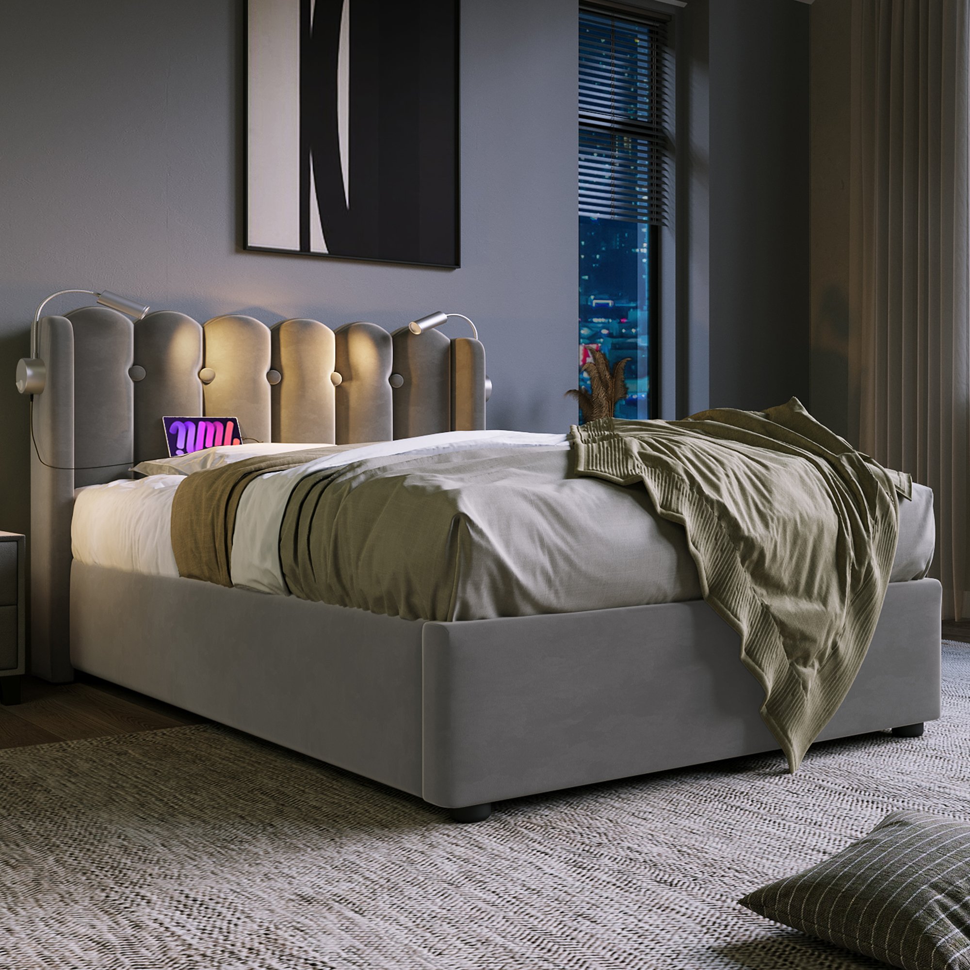 lit coffre 90x200 avec LED et USB, rangement hydraulique sous sommier à lattes gris velours