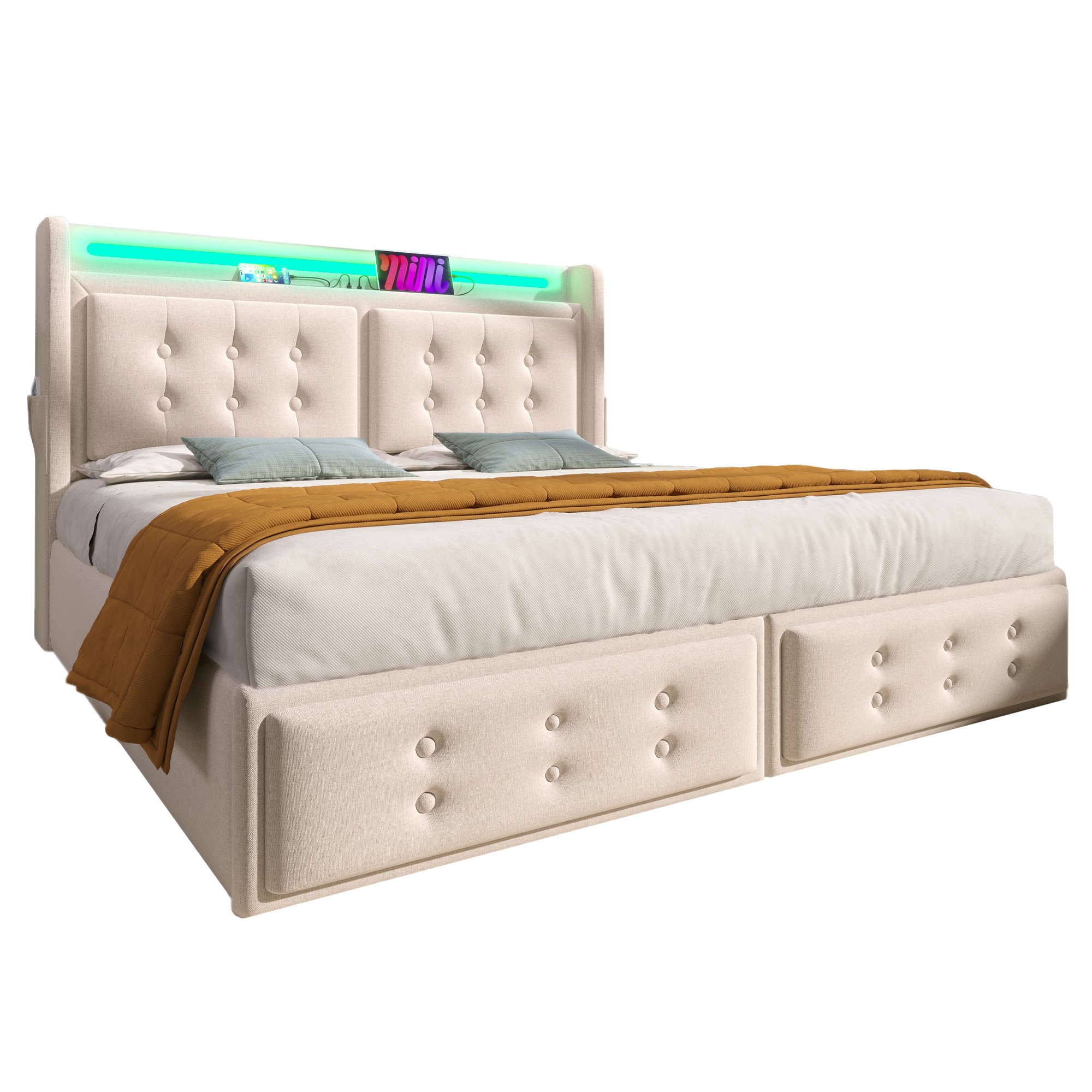 lit coffre 140x200 beige avec LED et USB, rangement spacieux sous cadre métallique, tête de lit fonctionnelle moderne
