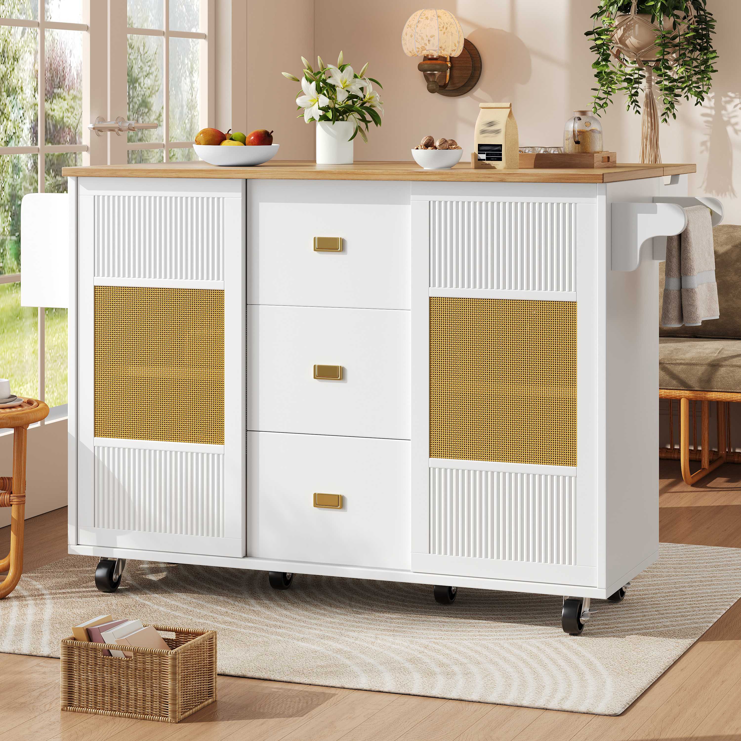 Îlot de cuisine blanc sur roulettes avec rangement, table rabattable et porte-épices, 146x70x90 cm, Panneau composite de fibres de bois à densité et métal