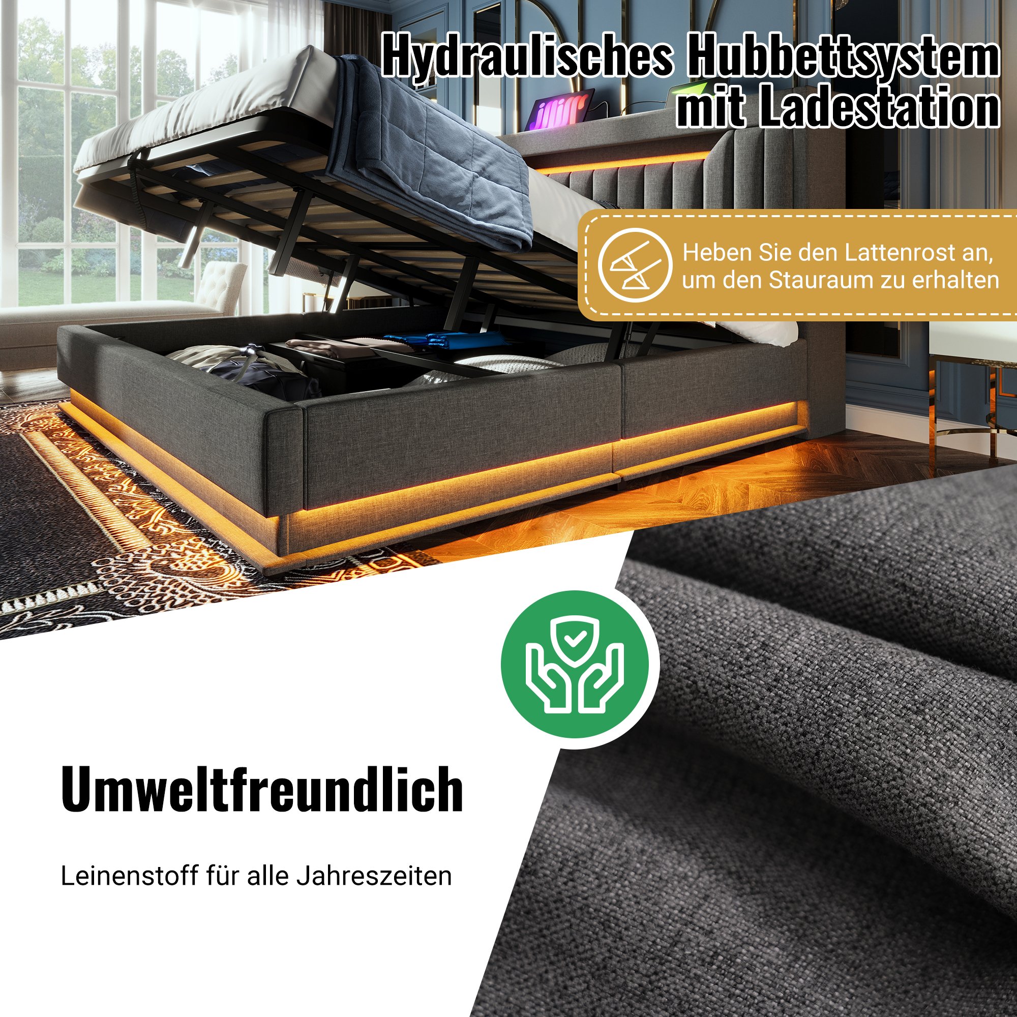 lit coffre 90x200 gris avec matelas, LED et USB Type-C, rangement hydraulique, tête de lit rembourrée tissu lin