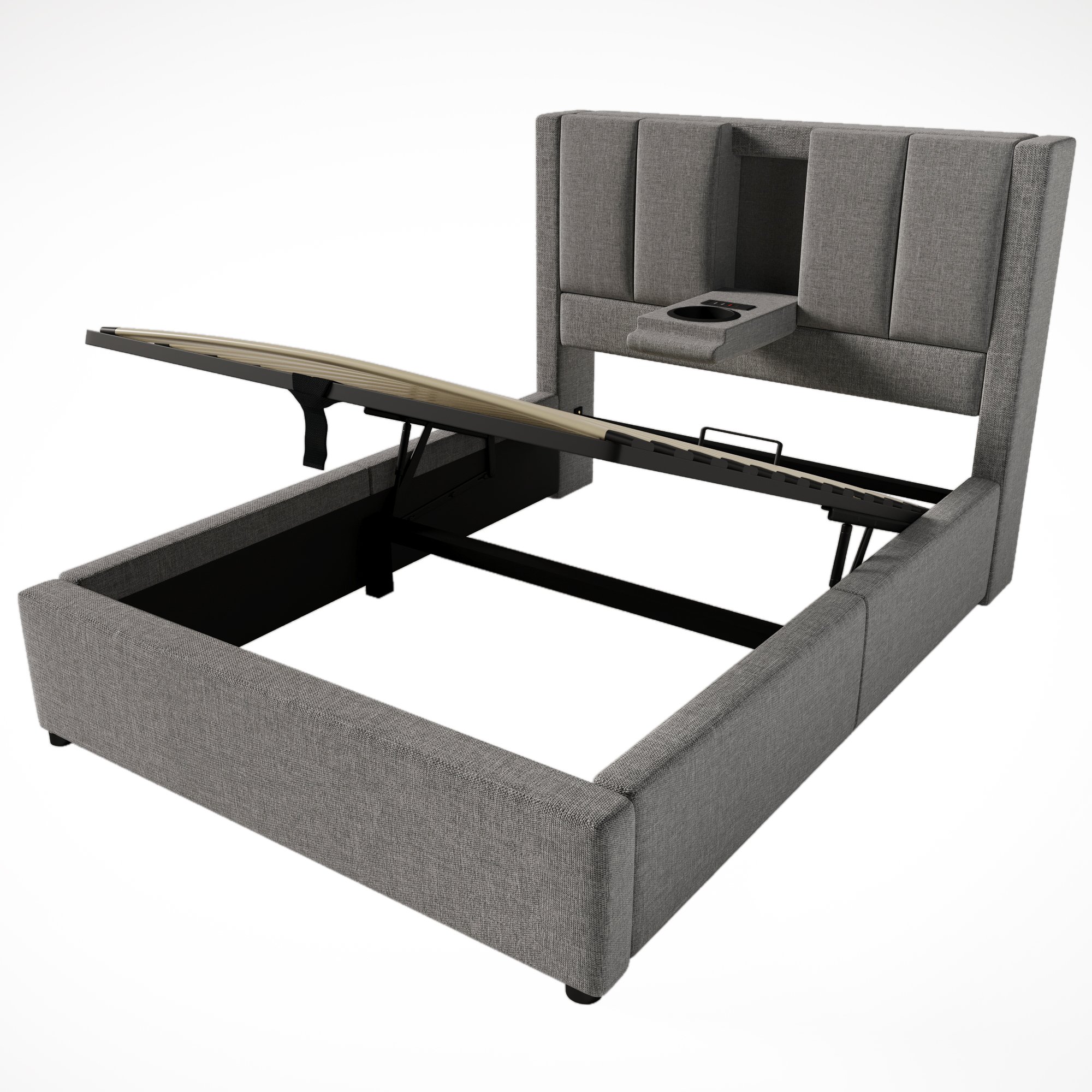 lit coffre 90x200 gris avec matelas 7 zones, station charge USB Type-C et porte-gobelet intégré, rangement sous lit