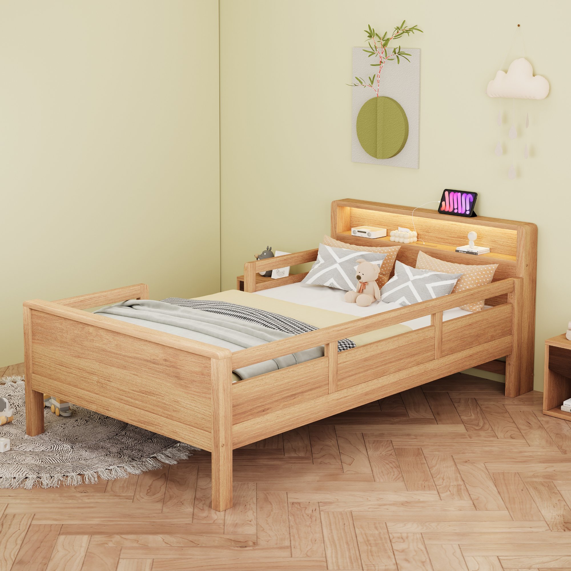 Lit enfant 90x200 en pin avec tête de lit rangement, LED et ports USB, barrière de sécurité