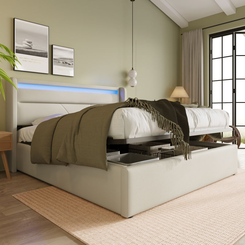 lit coffre 140x200 blanc avec rangement hydraulique et LED, incluant matelas ressorts