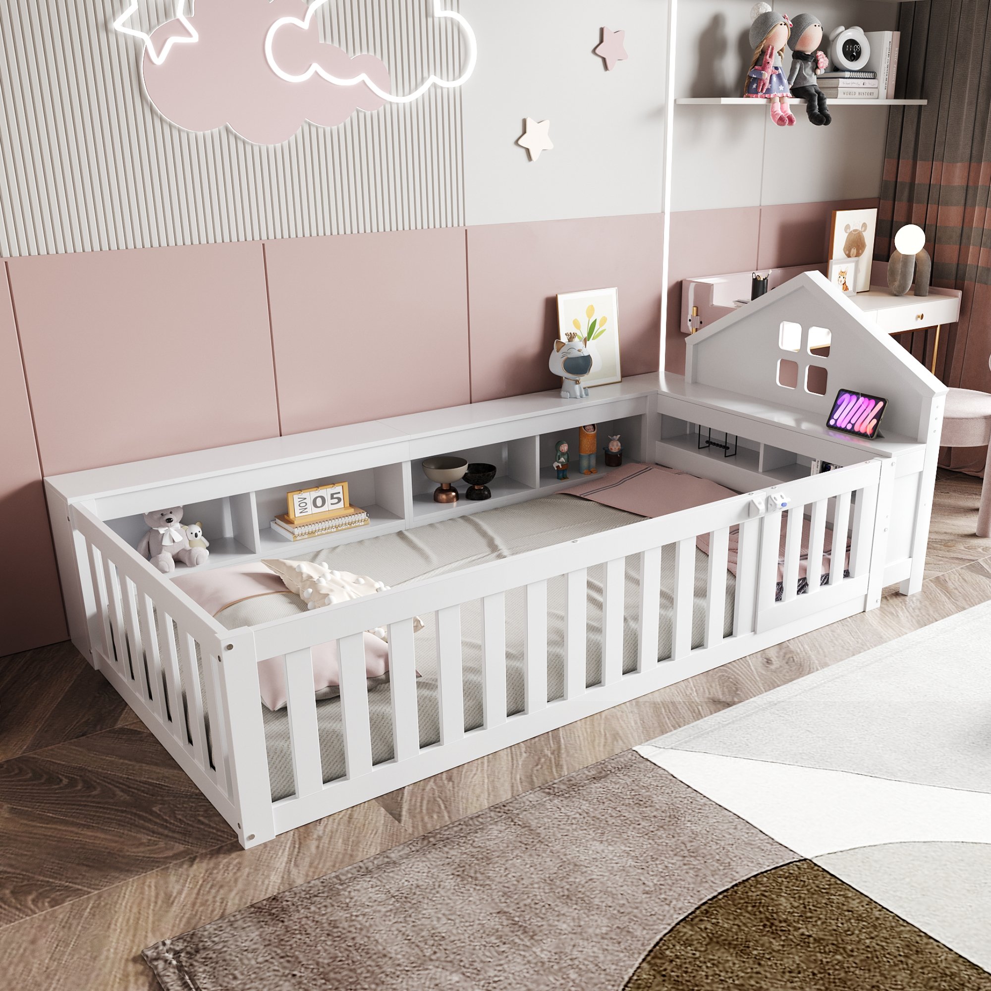 Lit enfant avec rangement 90x200, barrière de sécurité, bois massif blanc, avec sommier