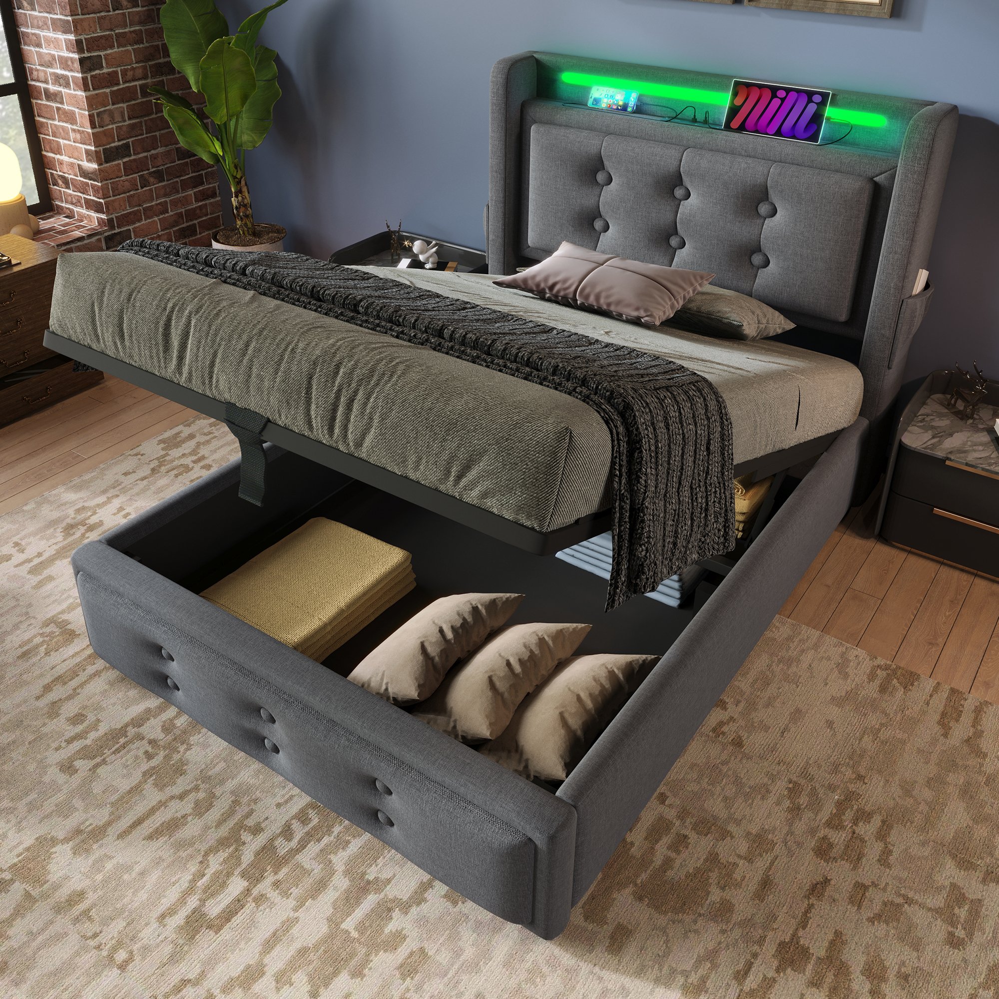 lit coffre 90x200 avec LED, rangement hydraulique gris, tête de lit rembourrée avec USB Type-C et sommier à lattes