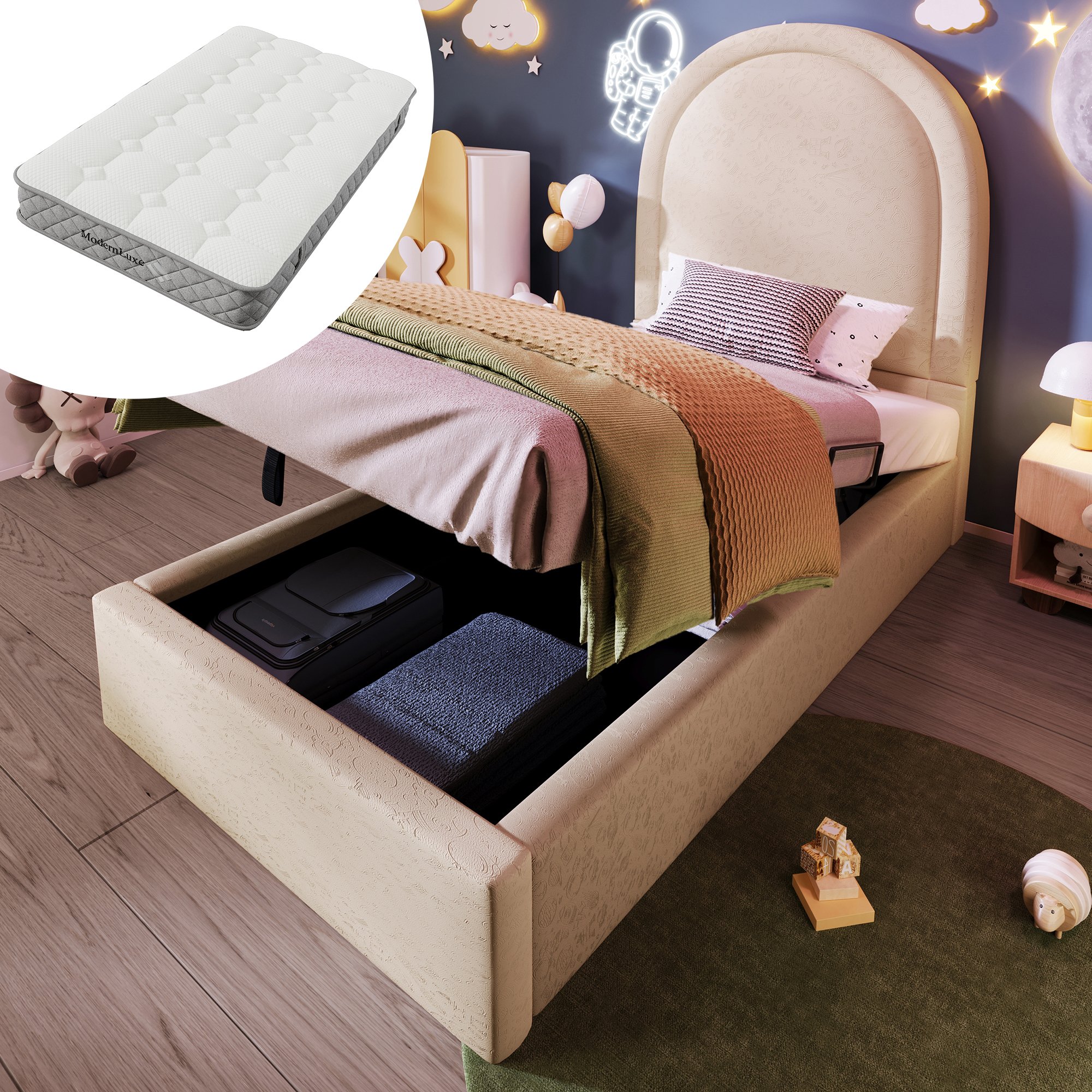 Lit coffre 90x200 beige avec matelas et sommier, rangement hydraulique sous le lit pour enfant garçon fille