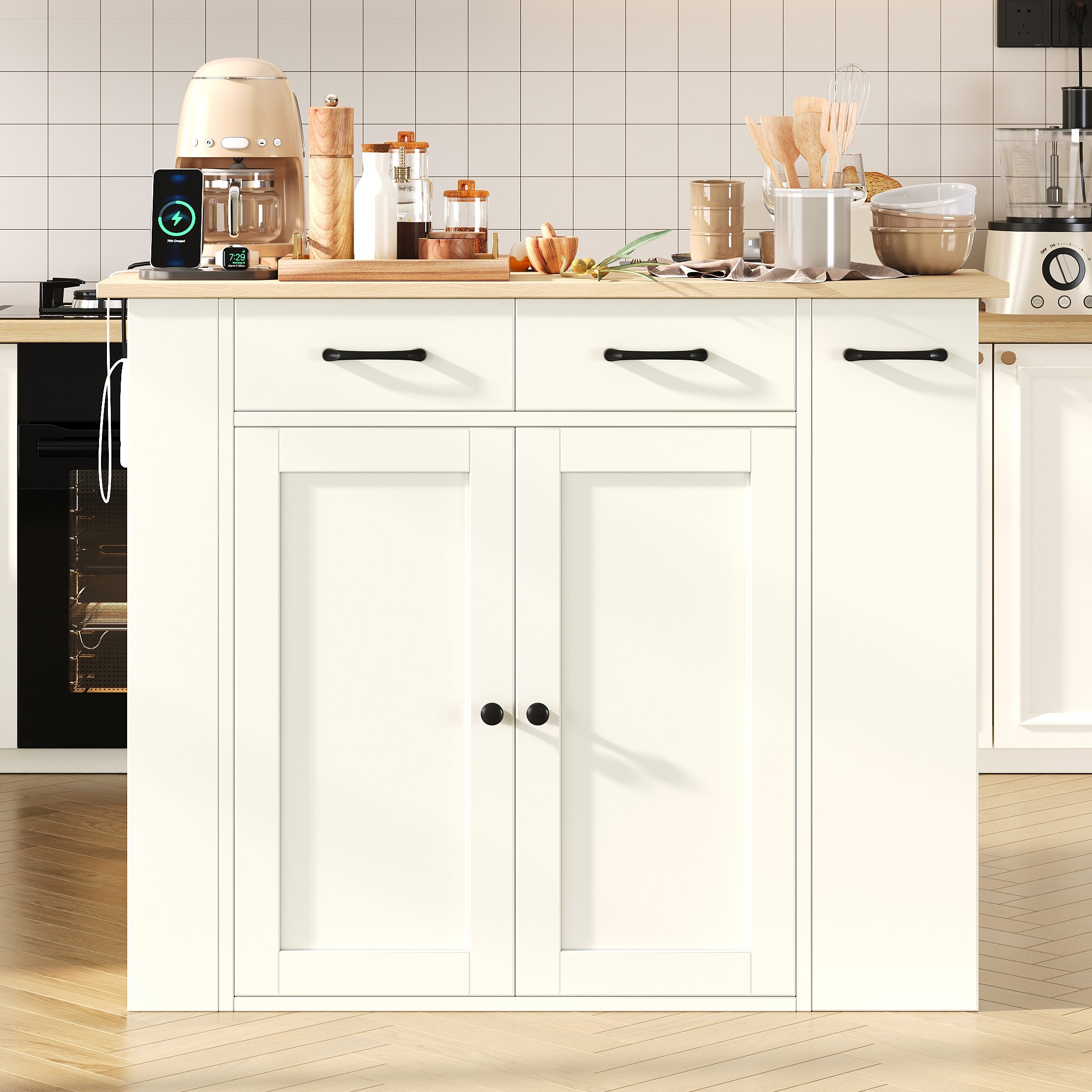 Îlot de cuisine 120x45-75 cm blanc, avec rangement, prises, 2 tabourets, plan rabattable, pour cuisine et salle à manger