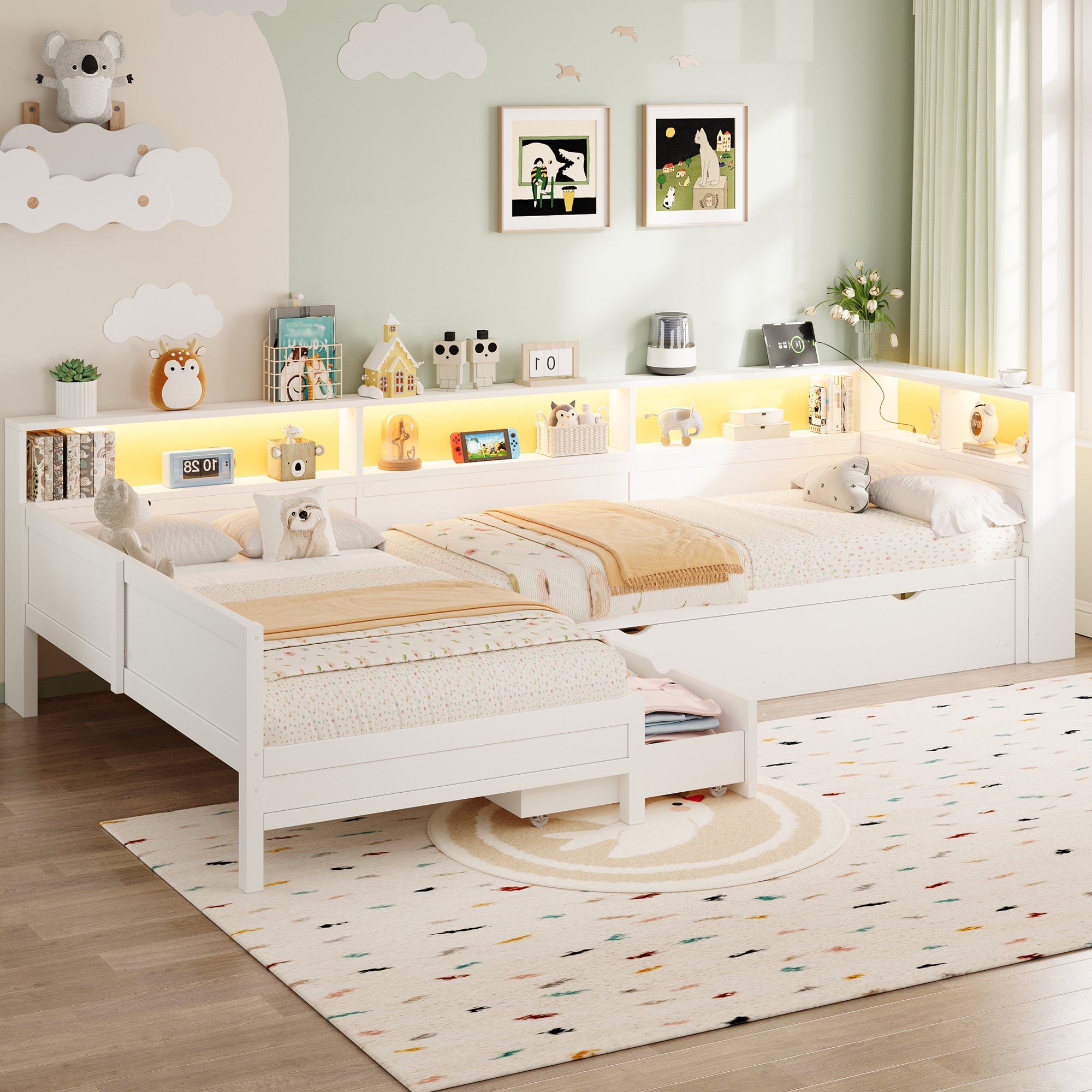 Lit gigogne 90x200 avec rangement et tiroirs, adulte, blanc, avec LED et chargeur USB
