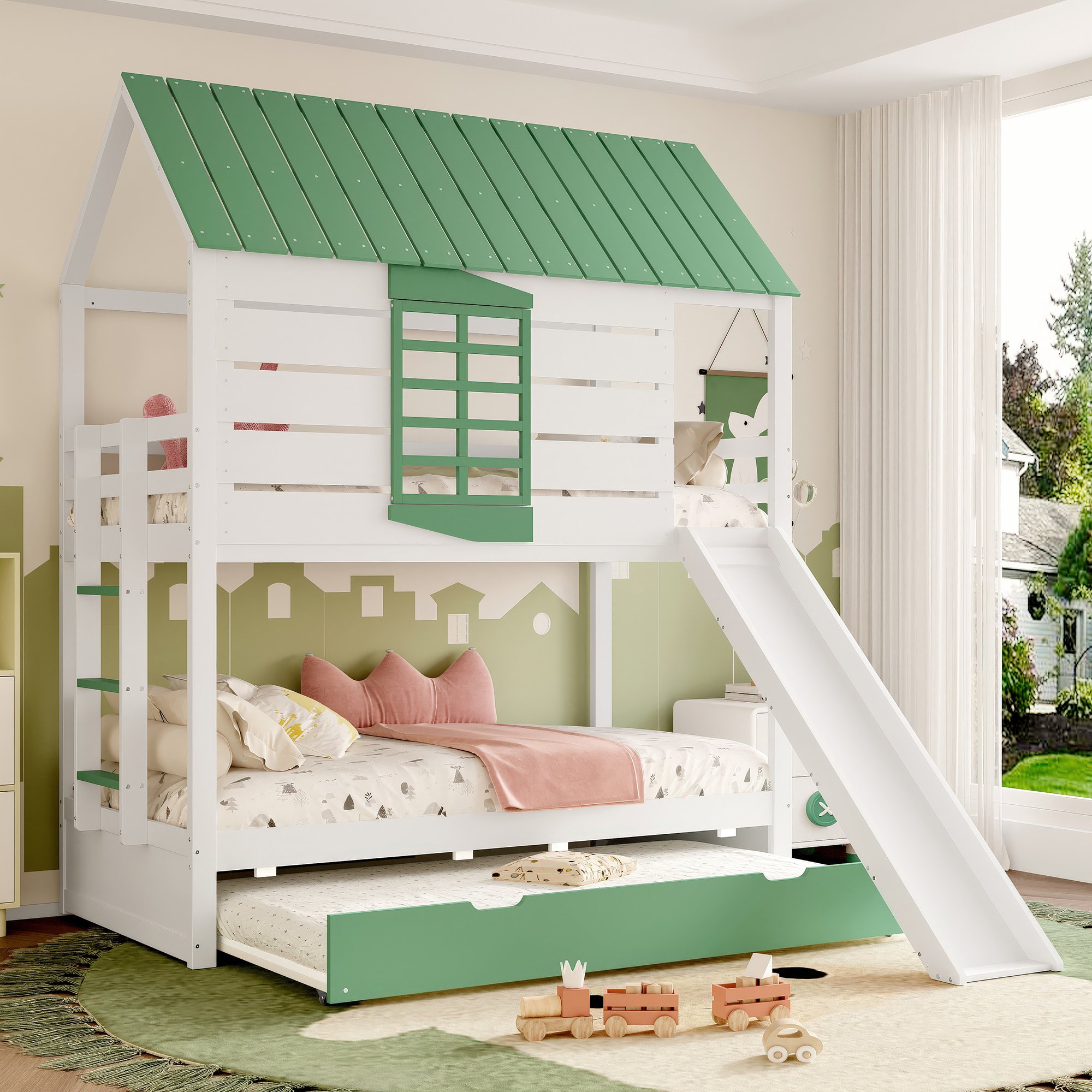 Lit superposé 90x200 avec toboggan et lit tirant, forme de maison, blanc et vert