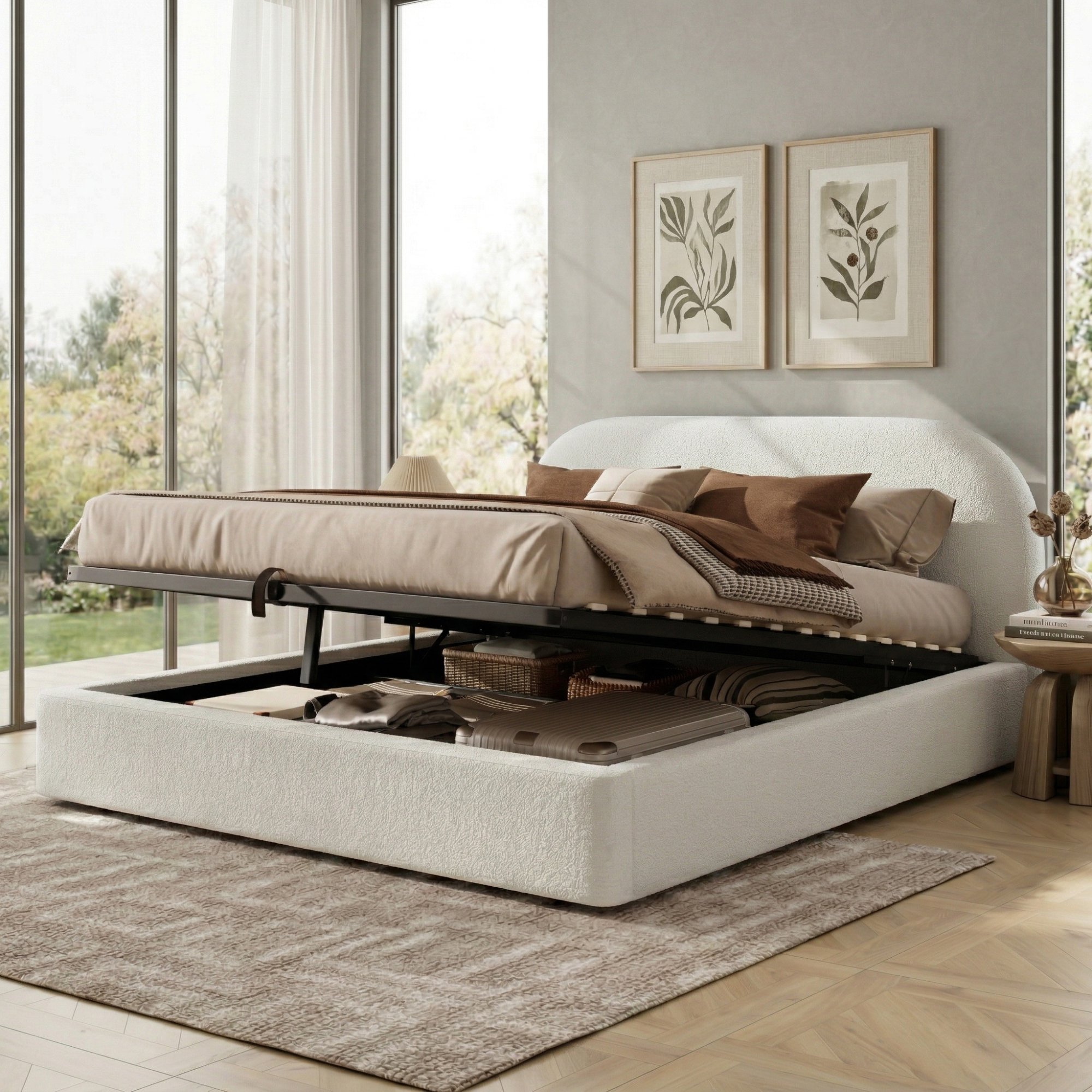 Lit coffre 160x200 avec système de levage hydraulique pour grand espace de stockage sous le matelas et tête rembourrée