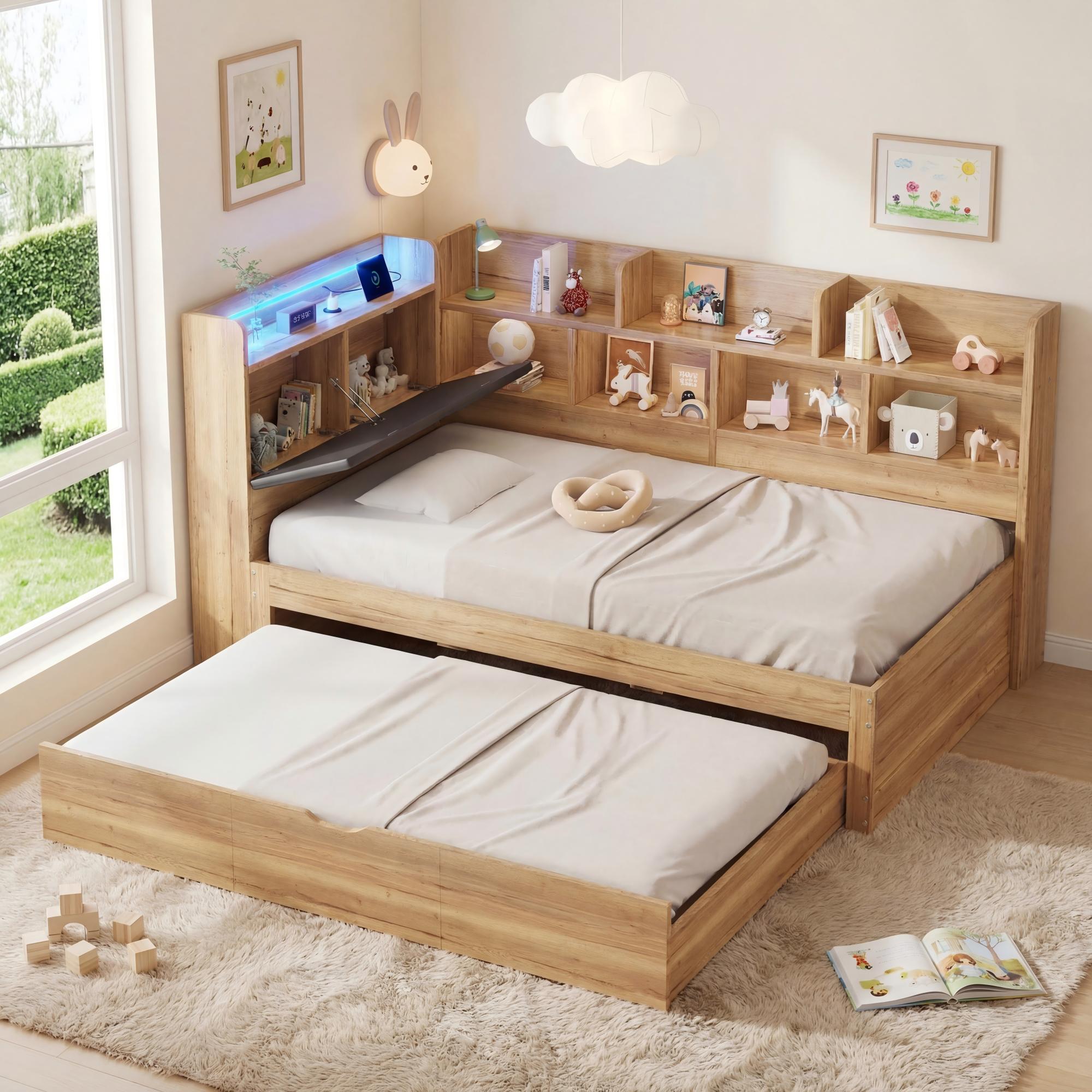 Lit gigogne avec rangement 90x200 Panneau composite de fibres de bois à densité naturel, LED contrôlée par appli, ports USB/C et sommier à lattes pour deux enfants