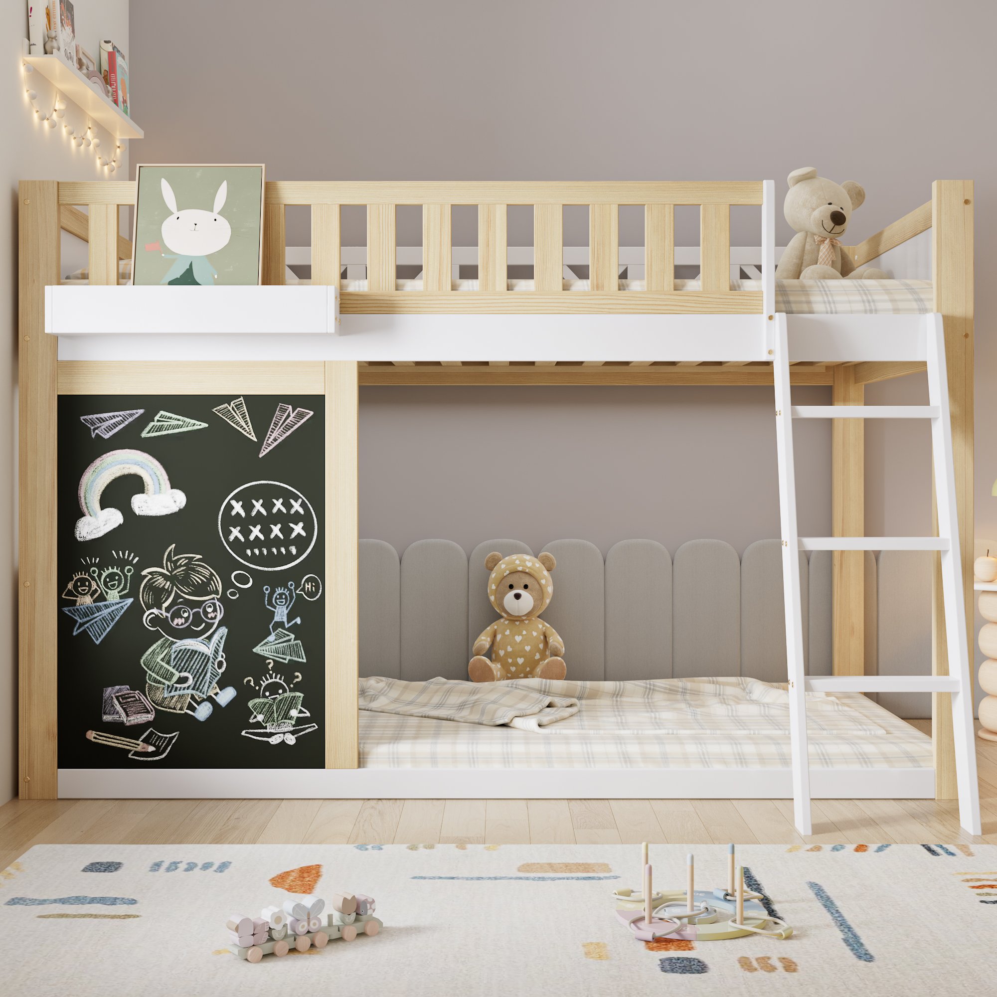 Lit mezzanine enfant 90x200 pin et Panneau composite de fibres de bois à densité blanc naturel avec tableau et rangement
