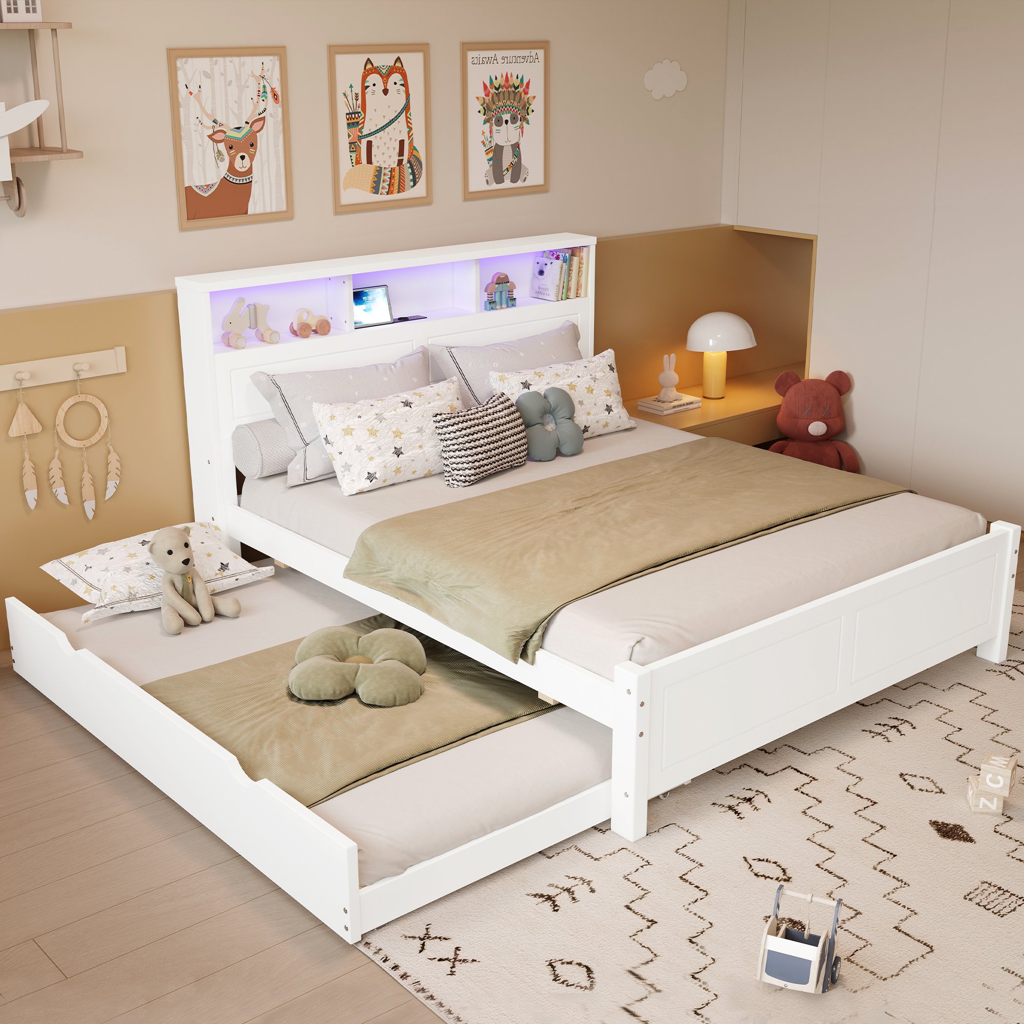 Lit superposé 120x200 et 90x190 en pin massif et Panneau composite de fibres de bois à densité blanc avec rangement, LED et prise de charge