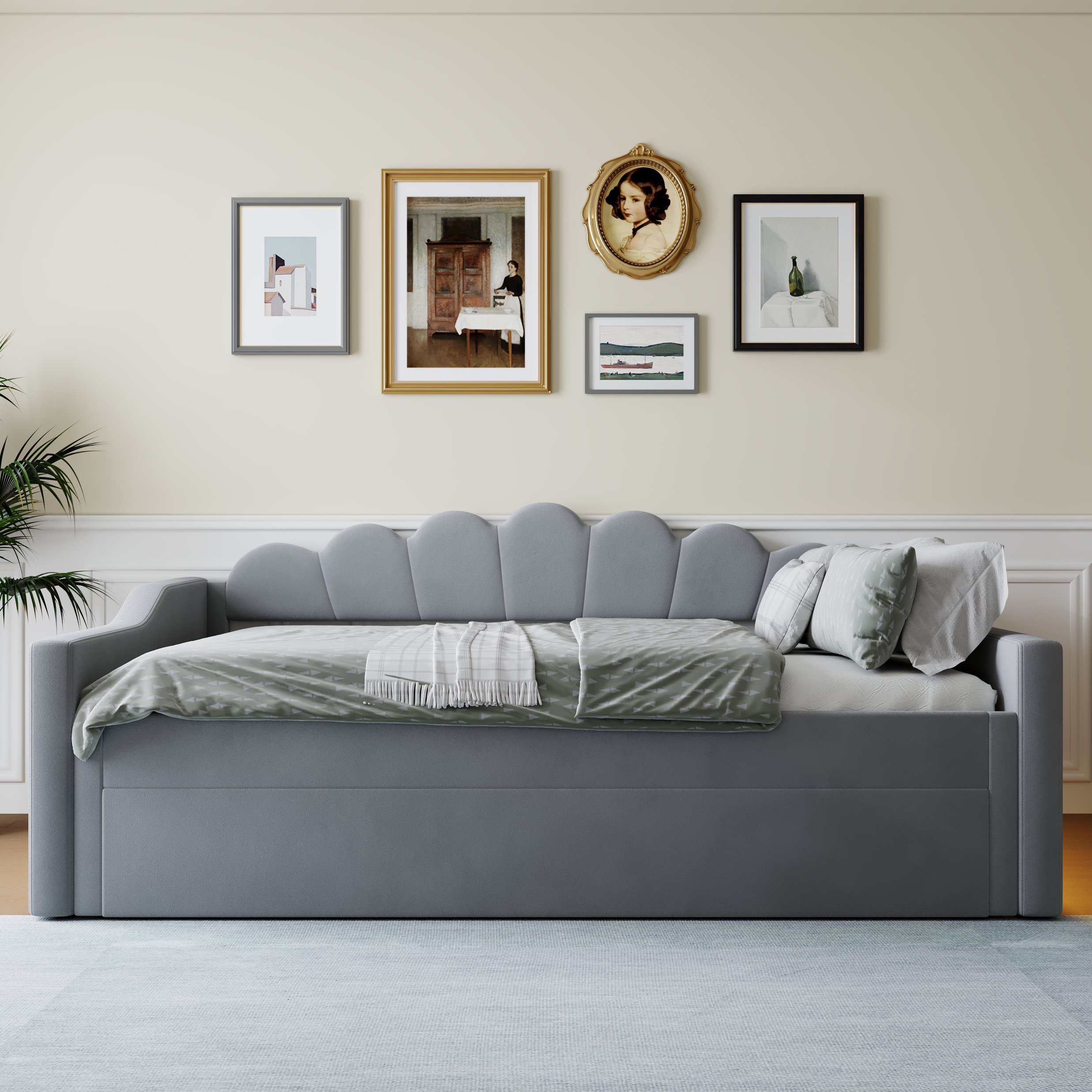 Lit gigogne 140x200 en lin et Panneau composite de fibres de bois à densité, structure rembourrée avec LED et tiroir