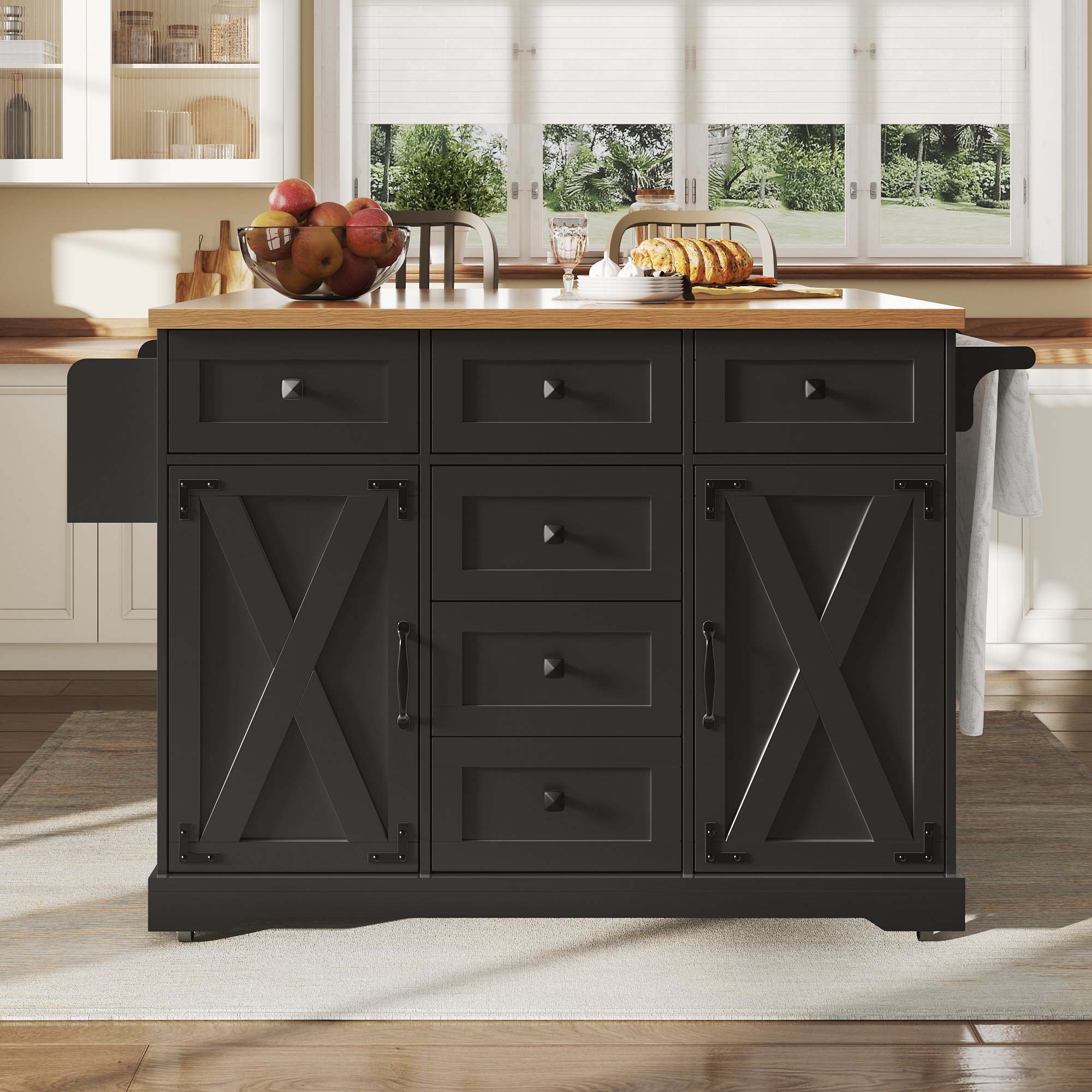 Îlot de cuisine en Panneau composite de fibres de bois à densité et métal, noir, pliable, avec rangement, dimensions 147x44x93 cm, pour cuisine et salon