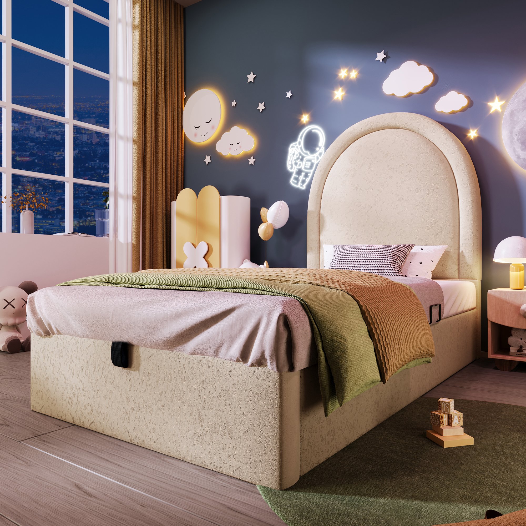 lit coffre 90x200 beige avec rangement hydraulique, sommier à lattes et structure stable pour chambre enfant