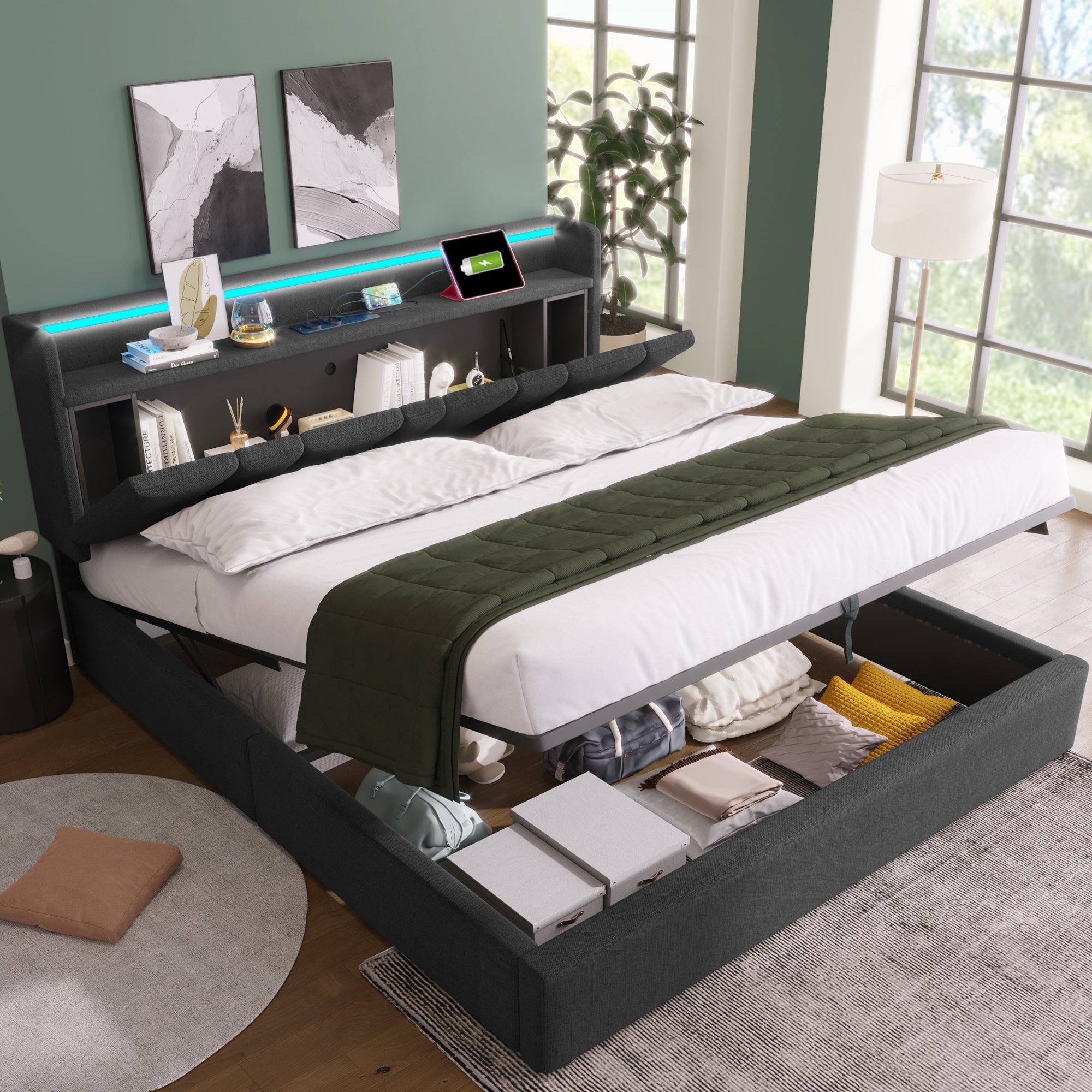 lit coffre double 160x200 cm avec structure métallique robuste, capacité 200 kg, rangement spacieux et éclairage LED intégré