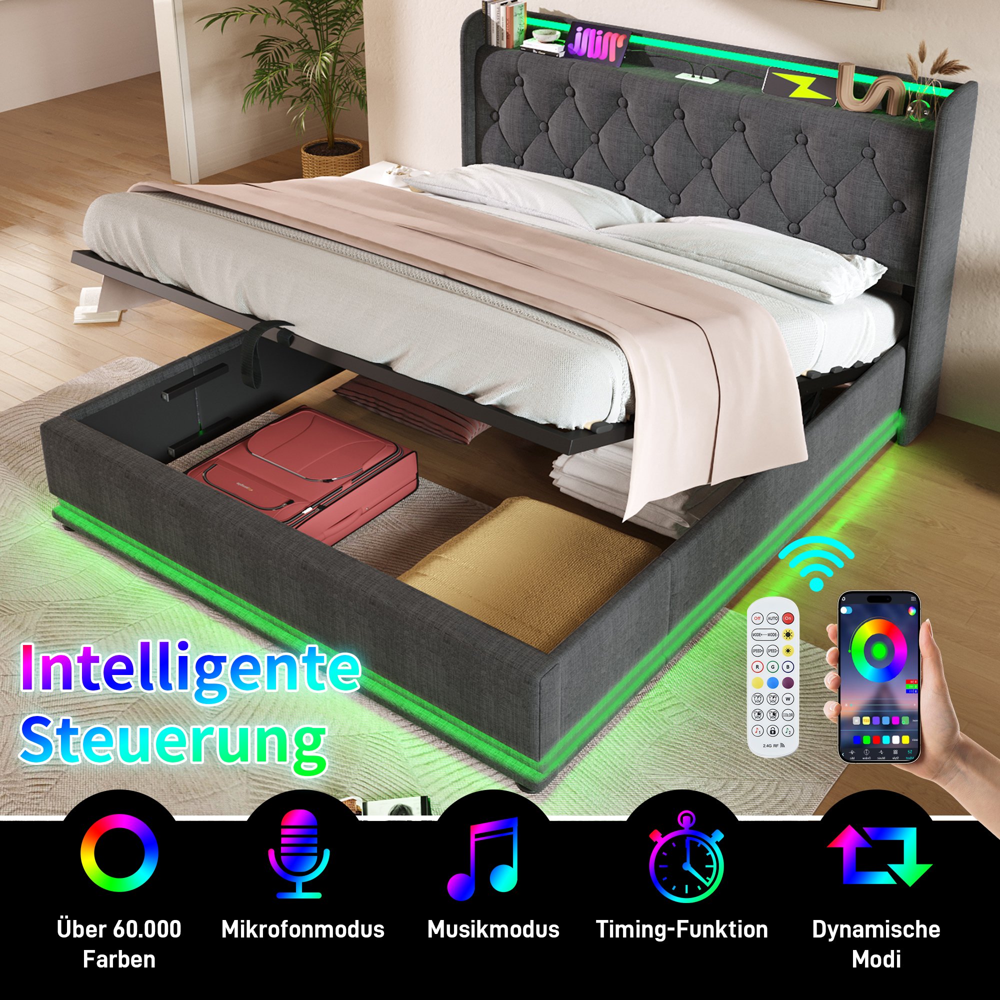 lit coffre 140x200 gris lin avec LED 360°, ports USB Type-C, rangement hydraulique et tête de lit rembourrée