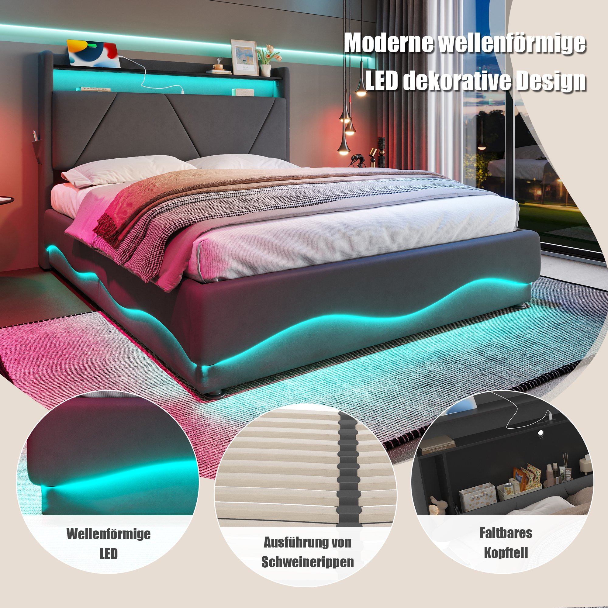 Lit coffre 140x200 velours gris avec LED, USB, rangement latéral et sommier relevable
