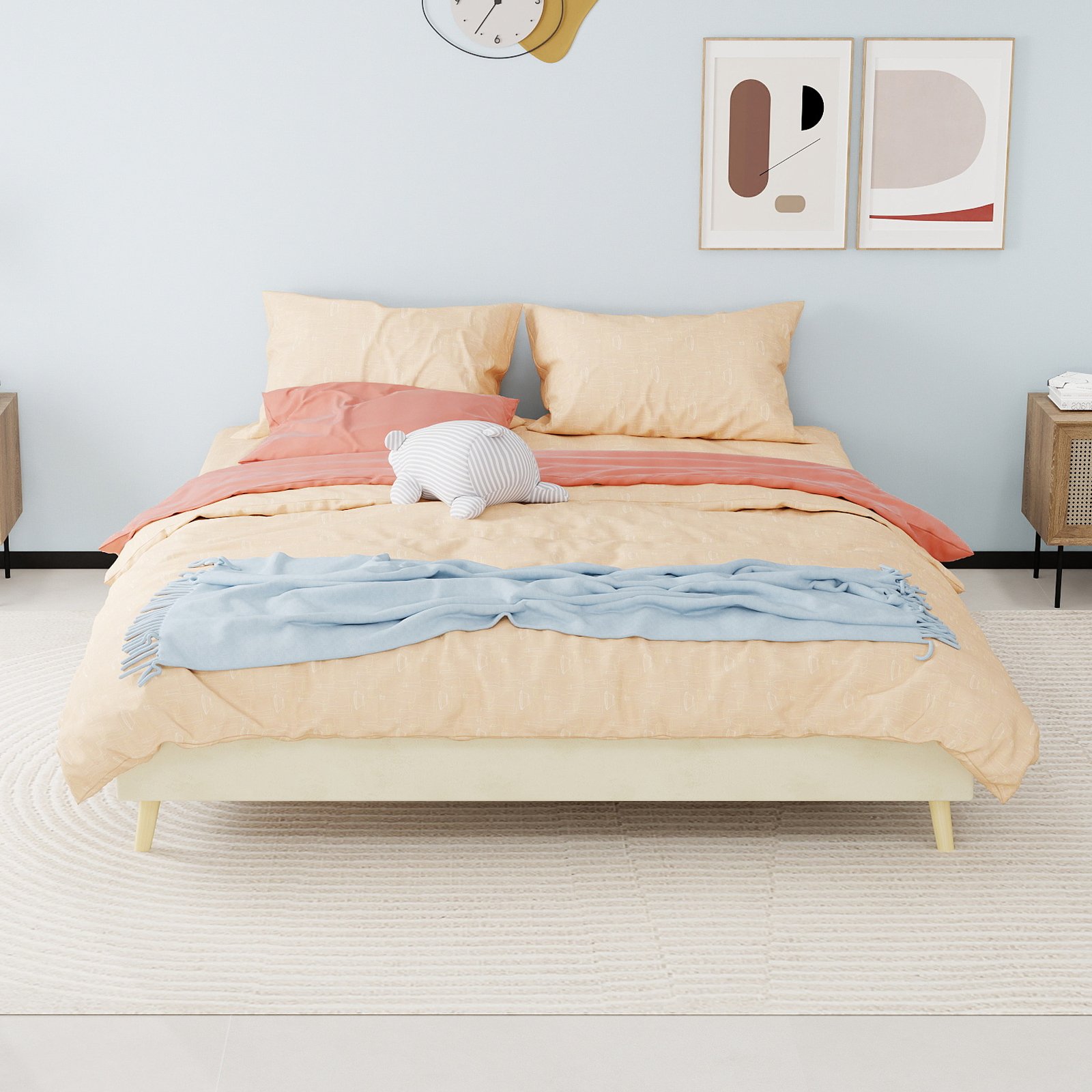 Lit 160x200 avec sommier en velours beige, cadre moderne à profil bas, tête de lit séparée, sans matelas, montage facile