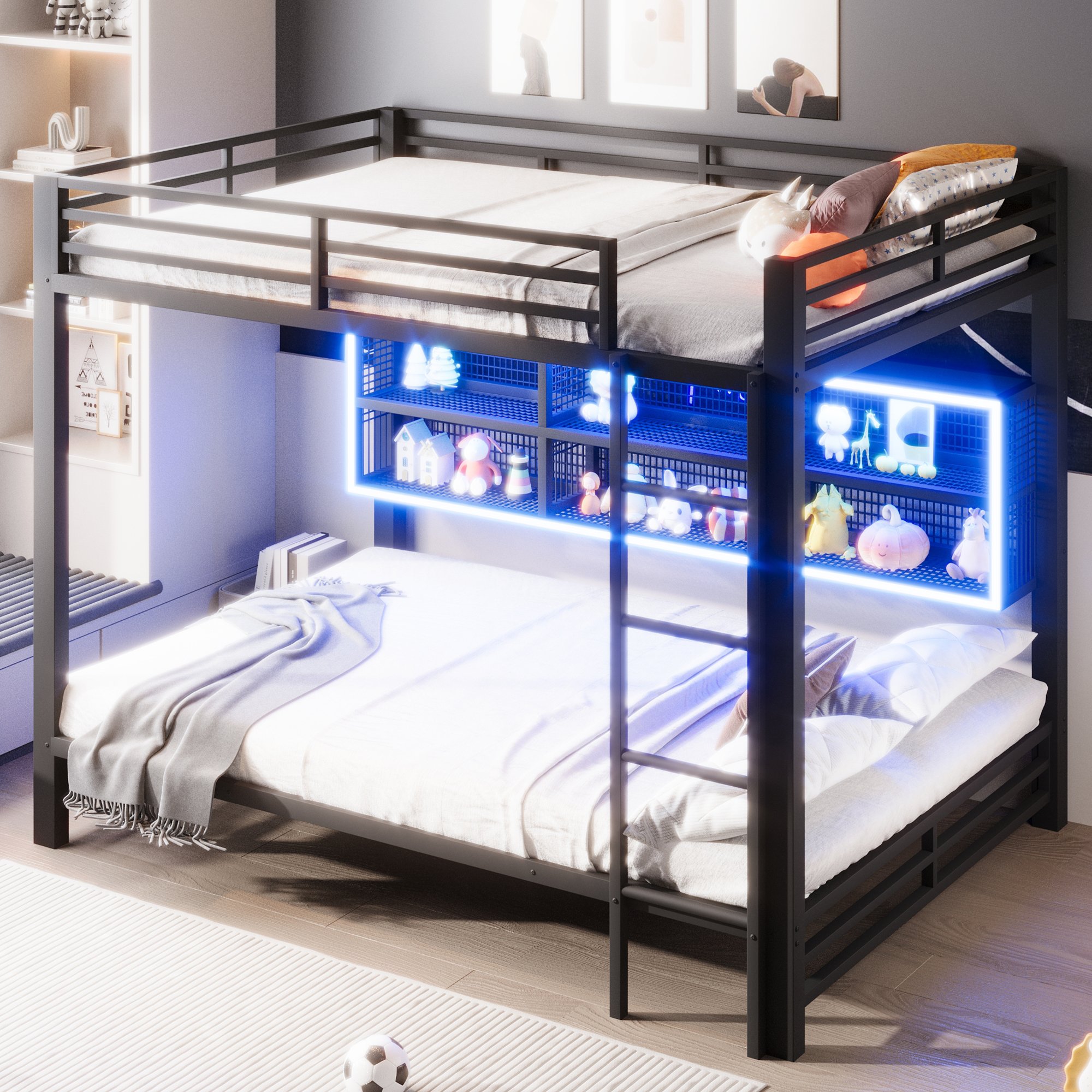 Lit superposé en métal noir 140x200 cm avec rangements et éclairage LED