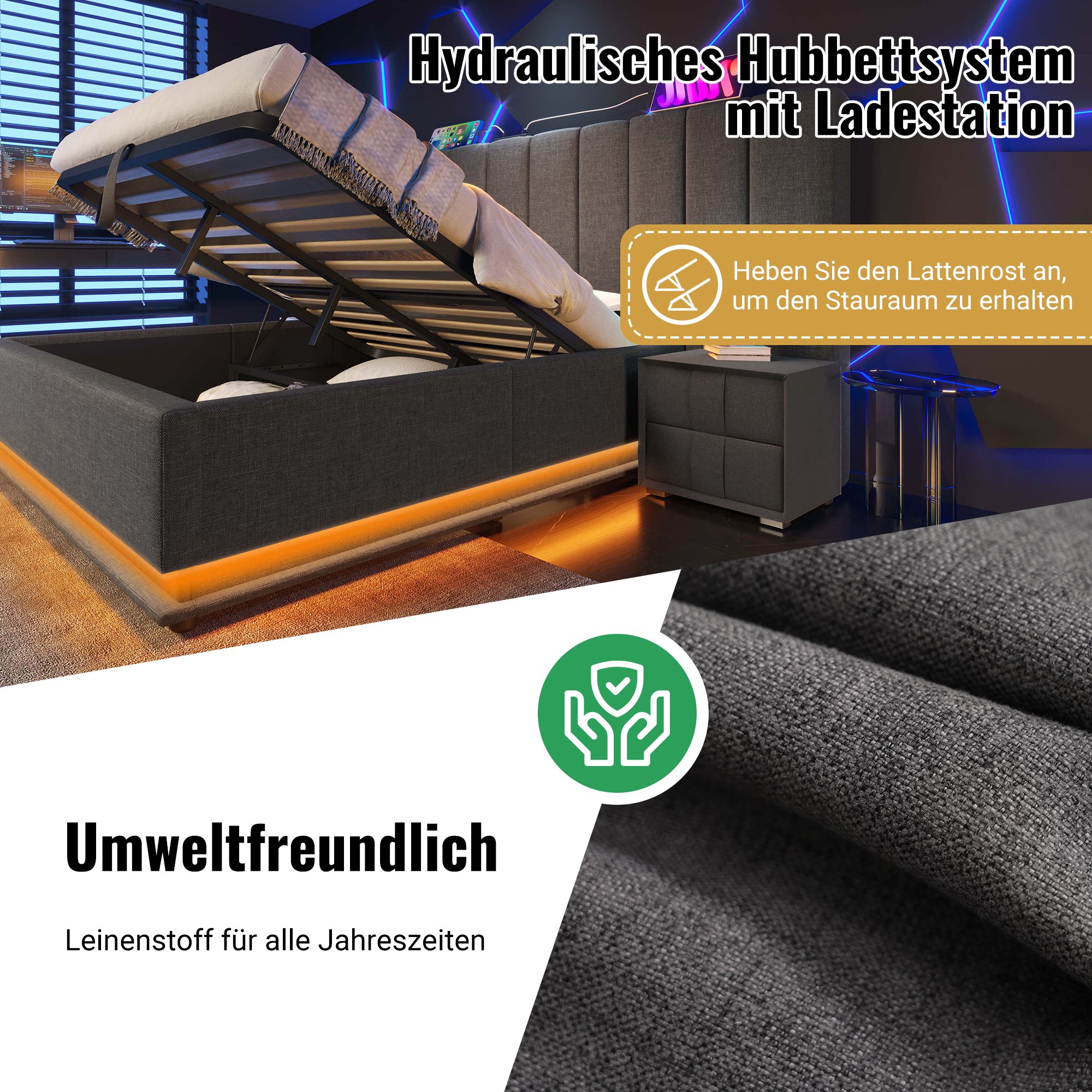 lit coffre 180x200 gris en tissu lin avec rangement hydraulique, LED, ports USB et sommier à lattes