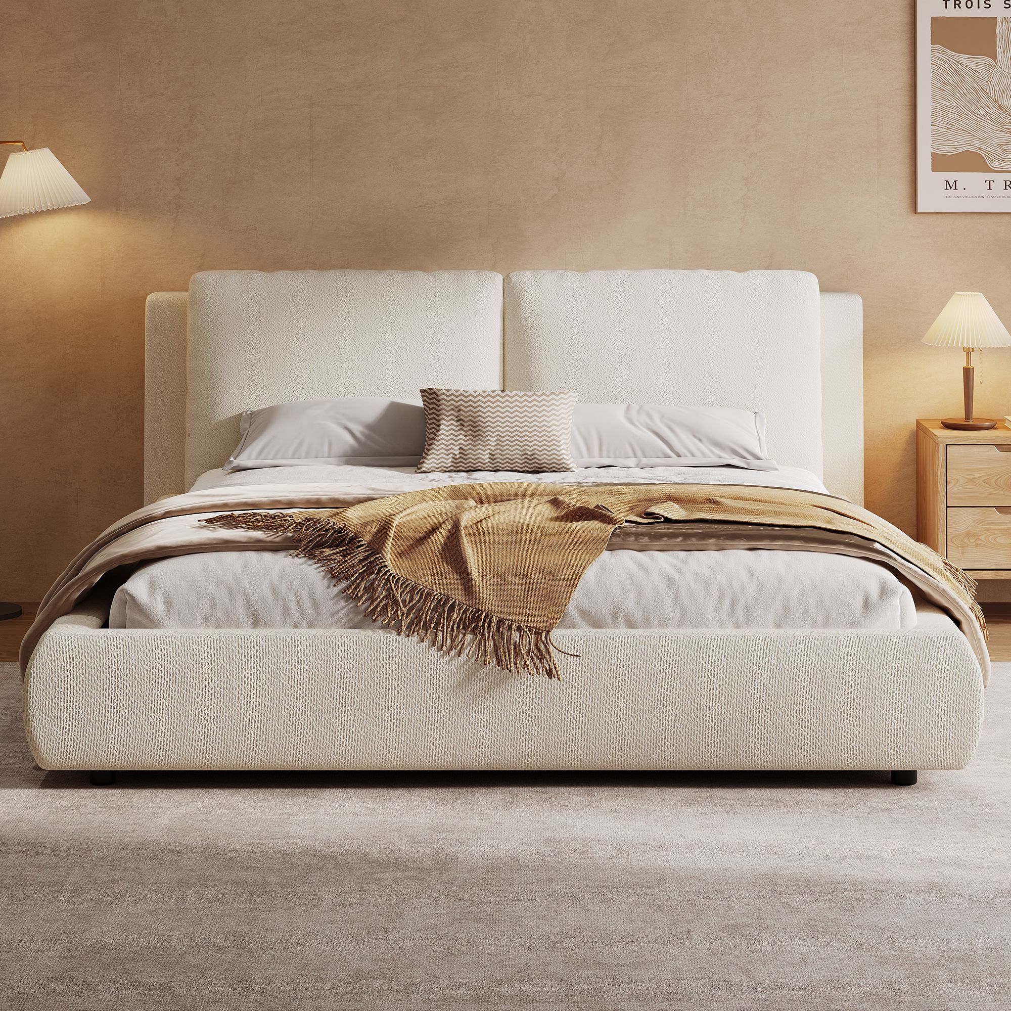 Lit coffre 160x200 beige bouclé avec tête de lit ergonomique inclinée pour soutien lombaire et système de levage hydraulique
