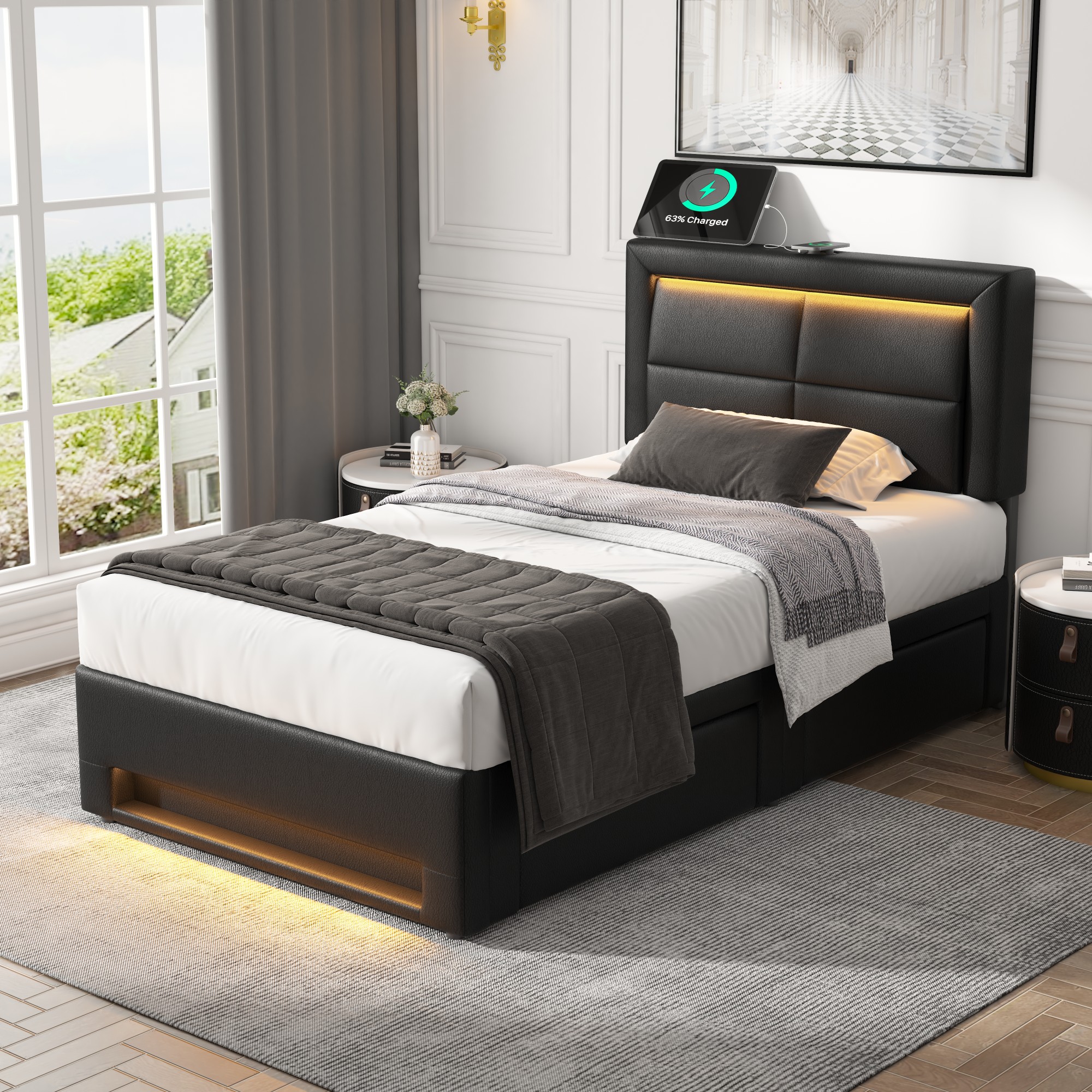 Lit rembourré 90x190 noir en PU avec LED, ports USB et quatre tiroirs de rangement, sommier à lattes, sans matelas
