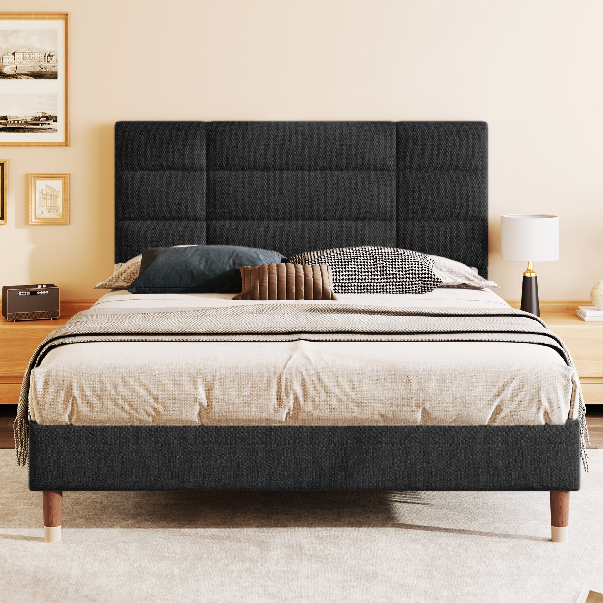 lit double rembourré 140x200 noir en lin avec cadre bois massif et structure acier renforcée pour stabilité optimale