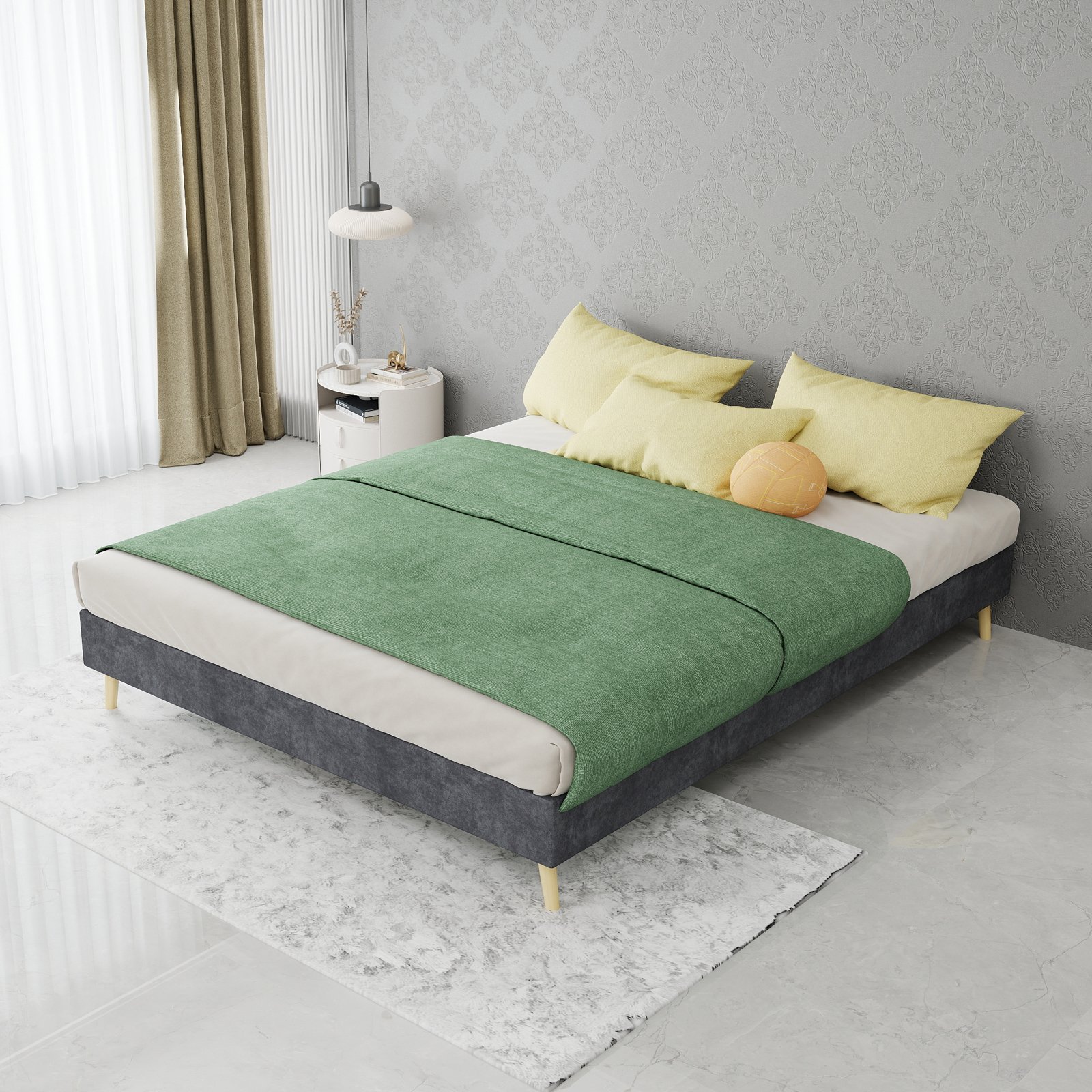 Cadre de lit rembourré 140x200 gris, velours hollandais, pieds en bois, sans matelas, à monter soi-même